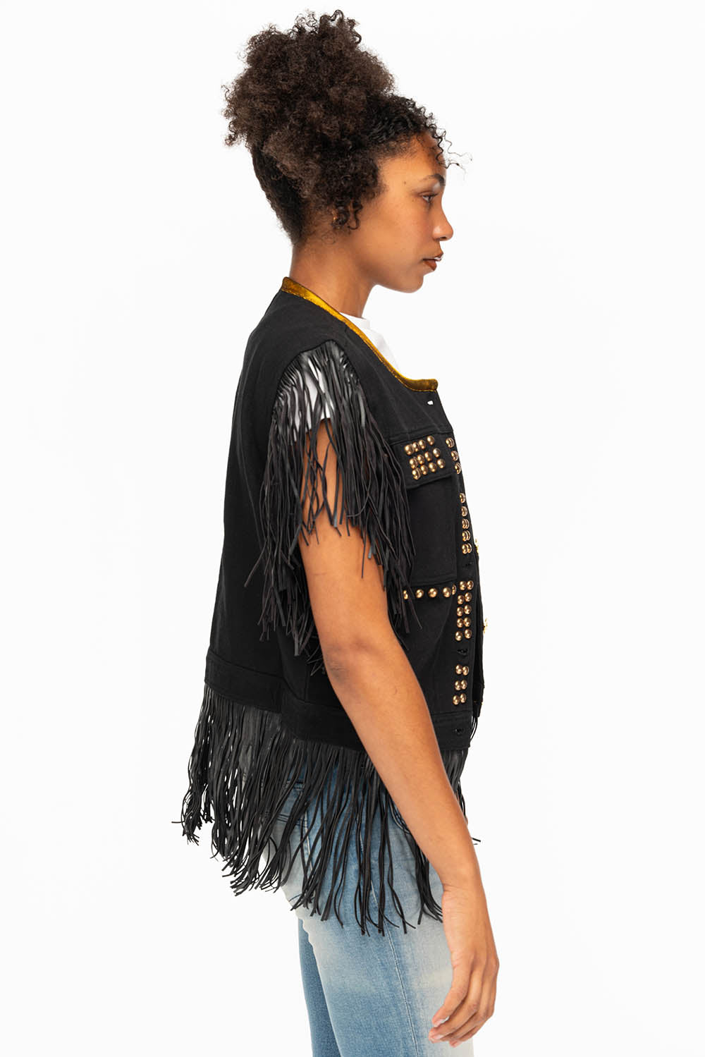 WOMENS STUDDED FRINGE VEST IN BLACK - Image 3