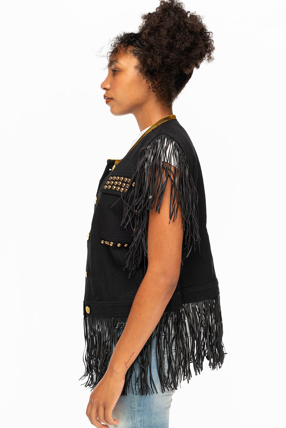 WOMENS STUDDED FRINGE VEST IN BLACK - Image 4