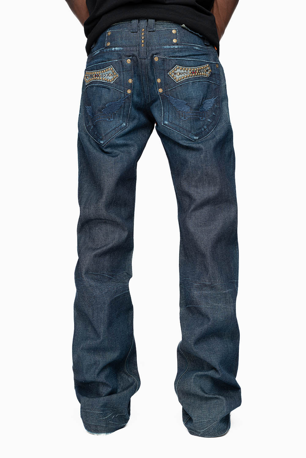 AMERICAN BEAUTY BOOT CUT JEAN IN VINTAGE DARK WITH EMBROIDERED WING LOGO AND EMBELISHMENT ON BACK POCKETS