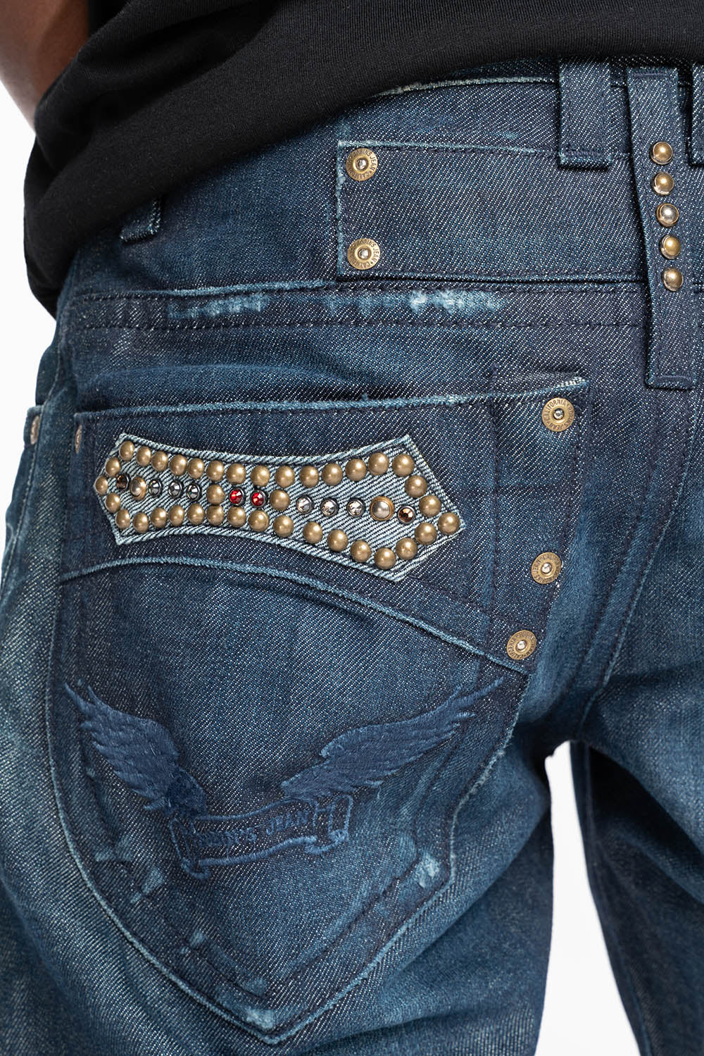 AMERICAN BEAUTY BOOT CUT JEAN IN VINTAGE DARK WITH EMBROIDERED WING LOGO AND EMBELISHMENT ON BACK POCKETS - Image 2
