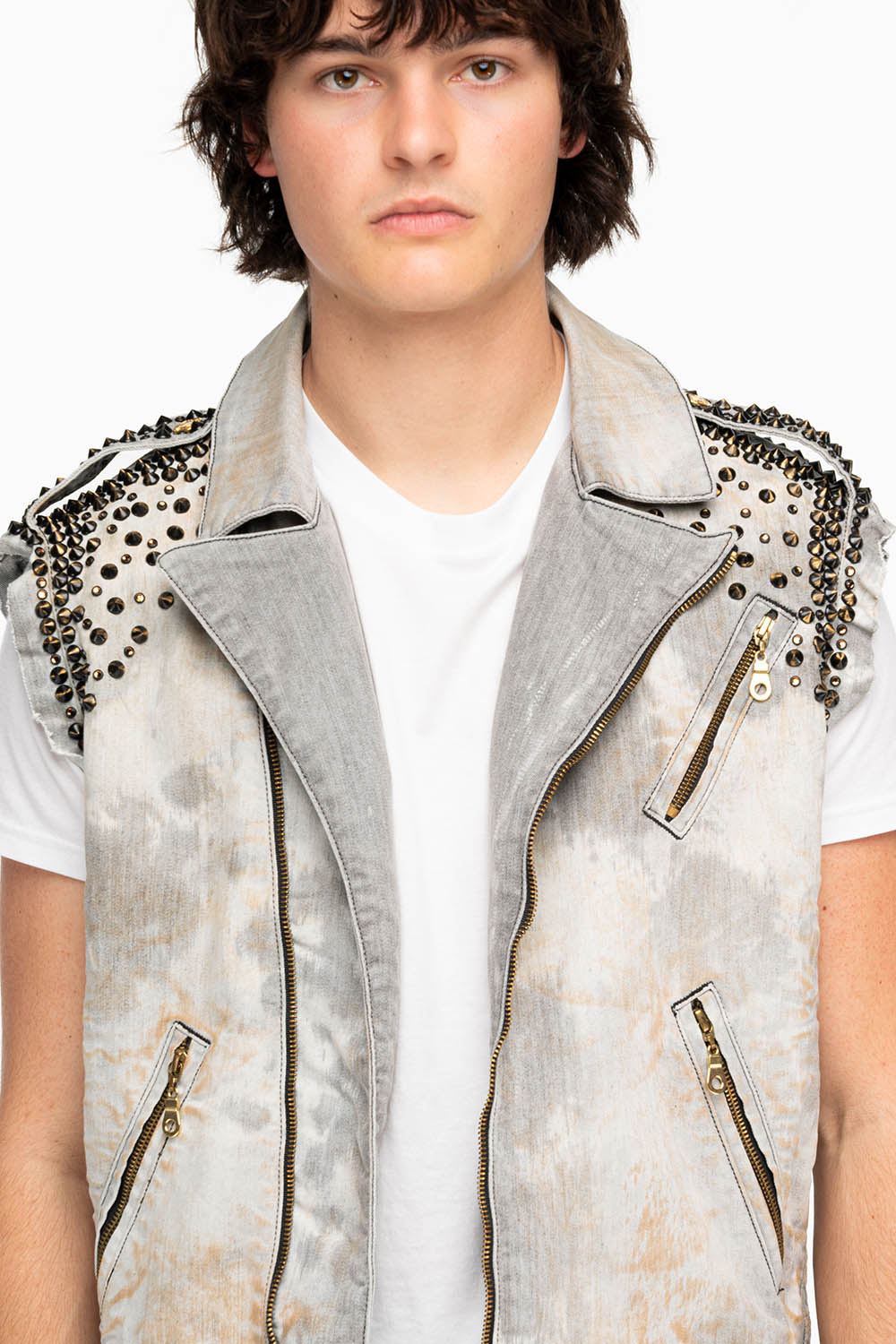 MENS RAW EDGE BIKER VEST IN JOSEPH BLACK WITH STUDS AND CRYSTALS - Image 3