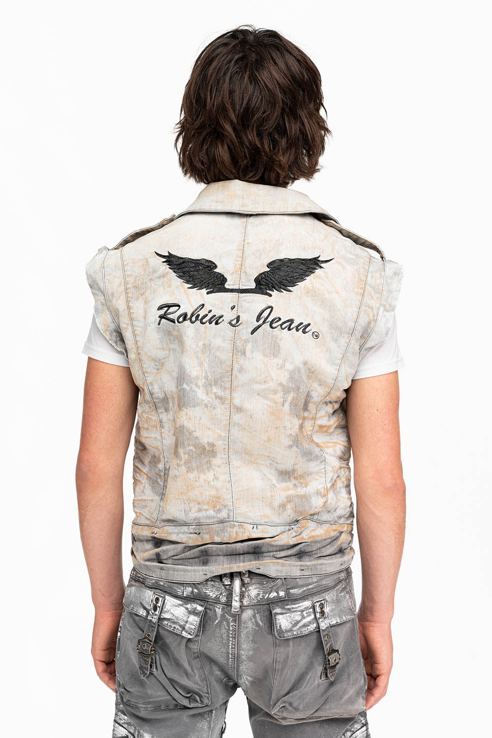 MENS RAW EDGE BIKER VEST IN JOSEPH BLACK WITH WINGS - Image 2