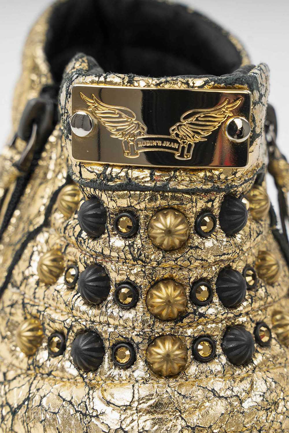MENS MID TOP BIKER SHOES IN CRACKLED GOLD LEATHER WITH CRYSTALS AND STUDS - Image 3