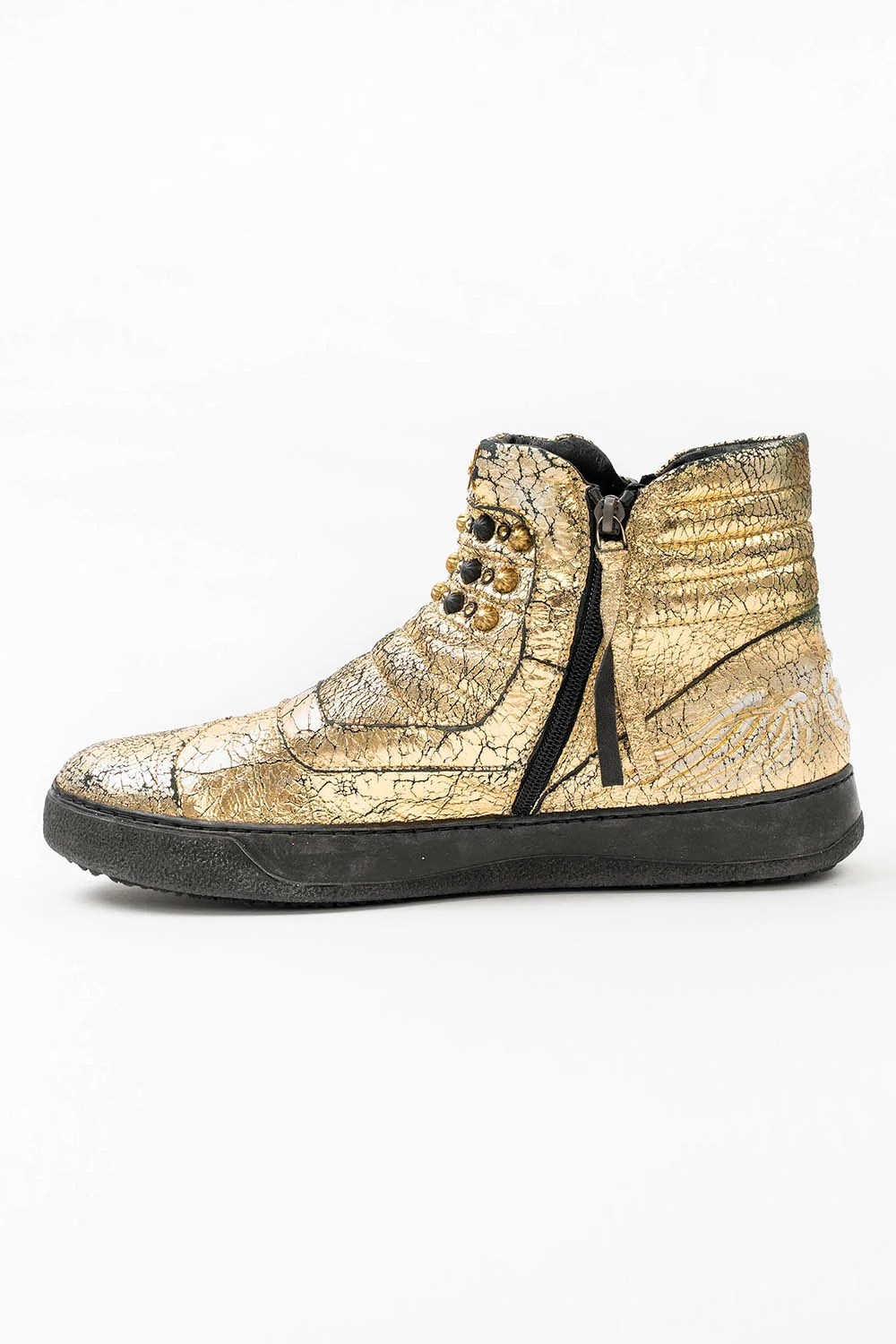 MENS MID TOP BIKER SHOES IN CRACKLED GOLD LEATHER WITH CRYSTALS AND STUDS - Image 5