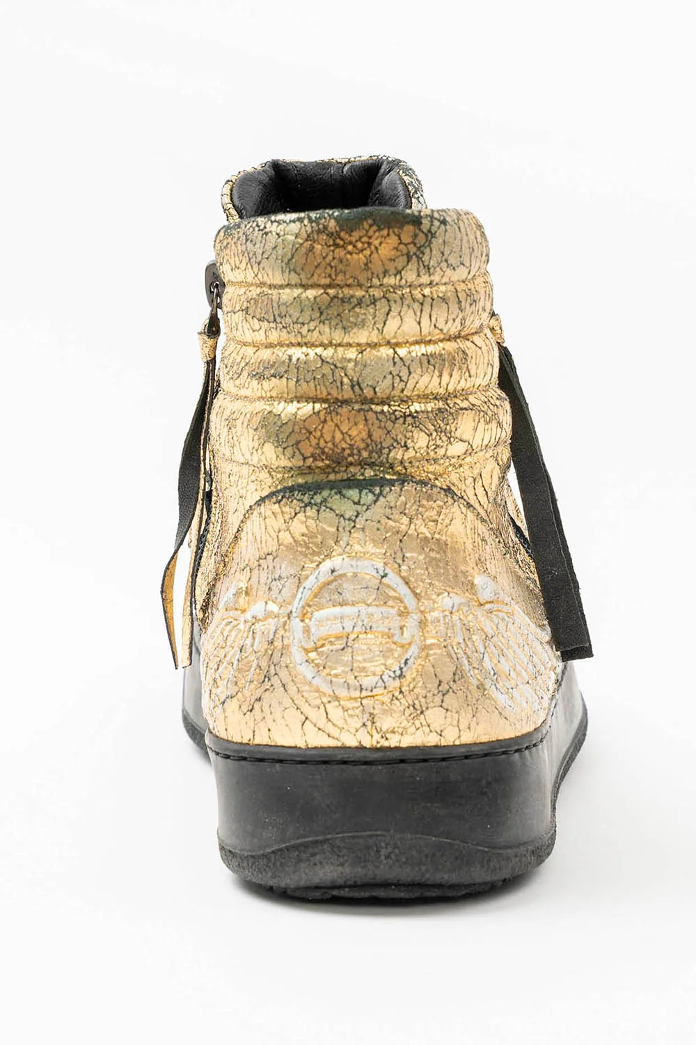 MENS MID TOP BIKER SHOES IN CRACKLED GOLD LEATHER WITH CRYSTALS AND STUDS - Image 6