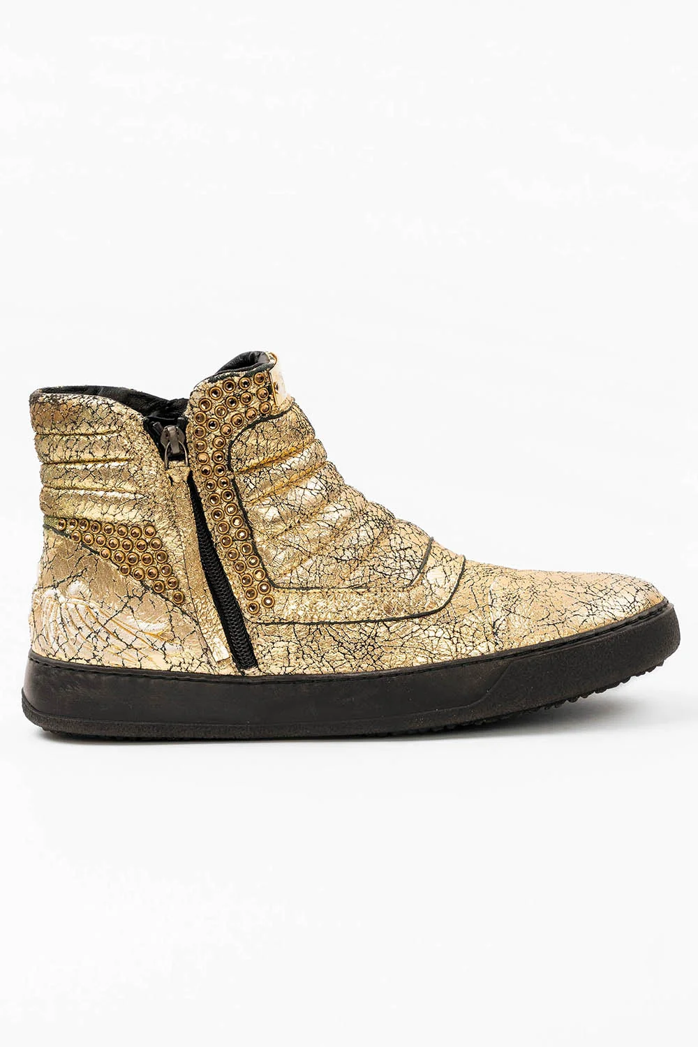 MENS MID TOP BIKER SHOES IN CRACKLED GOLD LEATHER WITH CRYSTALS - Image 4