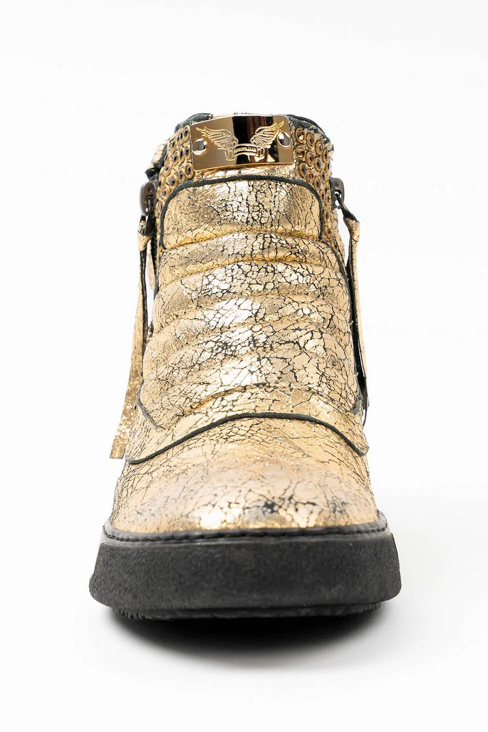 MENS MID TOP BIKER SHOES IN CRACKLED GOLD LEATHER WITH CRYSTALS - Image 7
