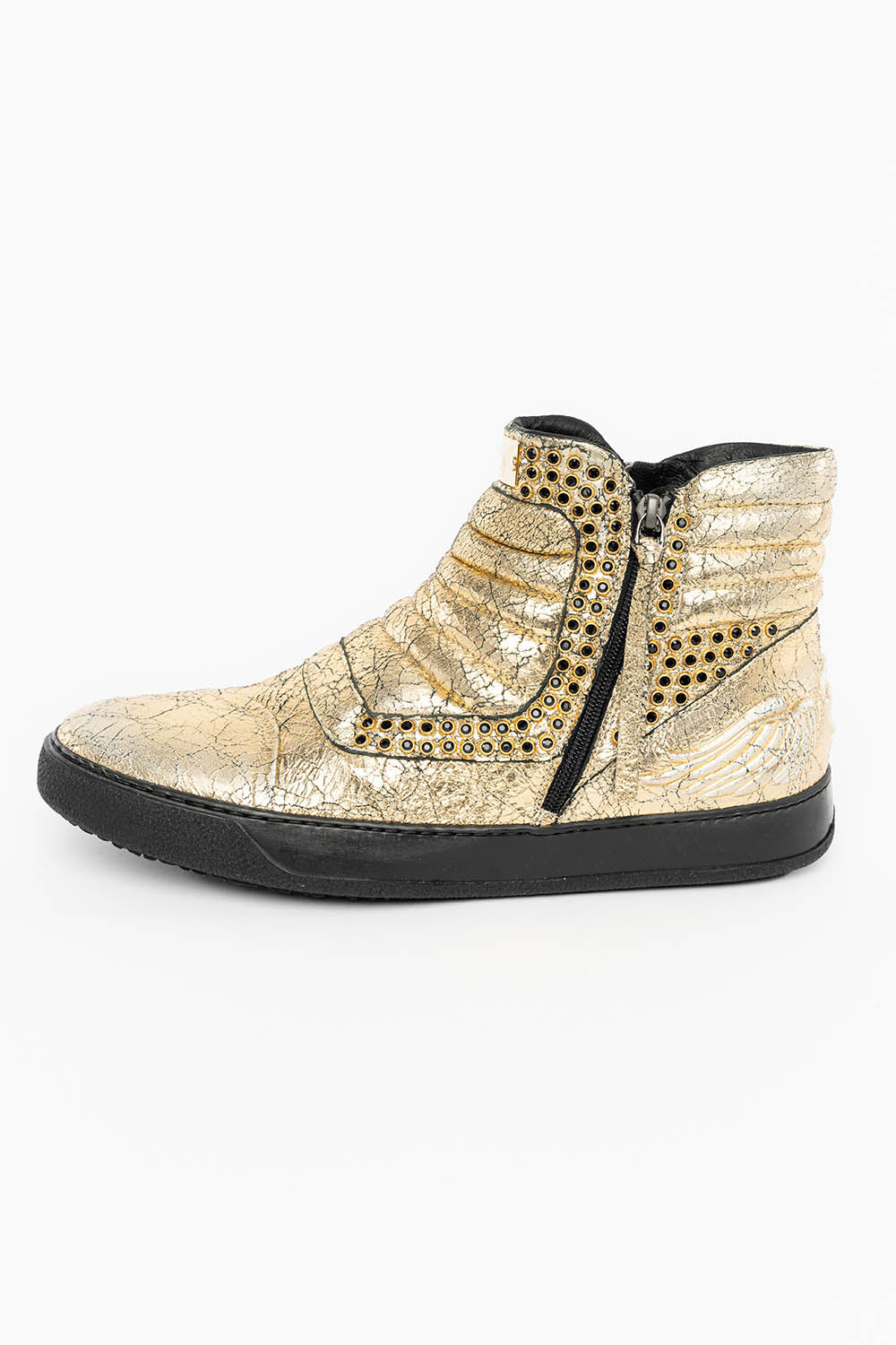MENS MID TOP BIKER SHOES IN CRACKLED GOLD LEATHER WITH CRYSTAL EMBELLISHMENT - Image 2