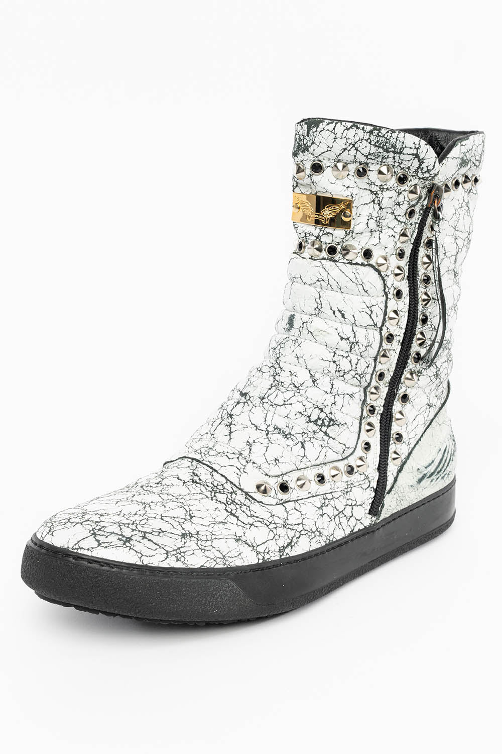 MENS HIGH TOP BIKER SHOES IN CRACKLED WHITE LEATHER WITH CRYSTALS AND SPIKE EMBELLISHMENT - Image 3