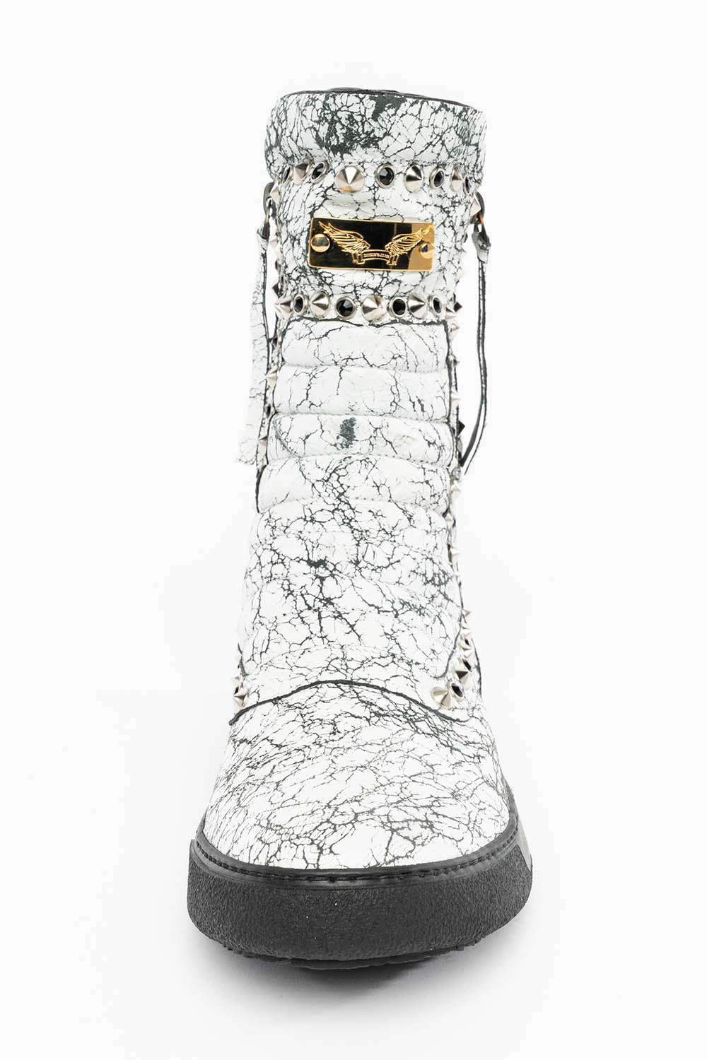 MENS HIGH TOP BIKER SHOES IN CRACKLED WHITE LEATHER WITH CRYSTALS AND SPIKE EMBELLISHMENT - Image 4