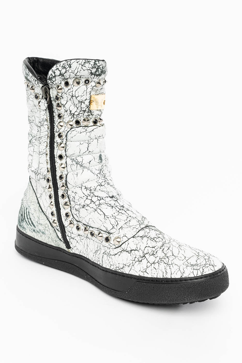 MENS HIGH TOP BIKER SHOES IN CRACKLED WHITE LEATHER WITH CRYSTALS AND SPIKE EMBELLISHMENT - Image 5