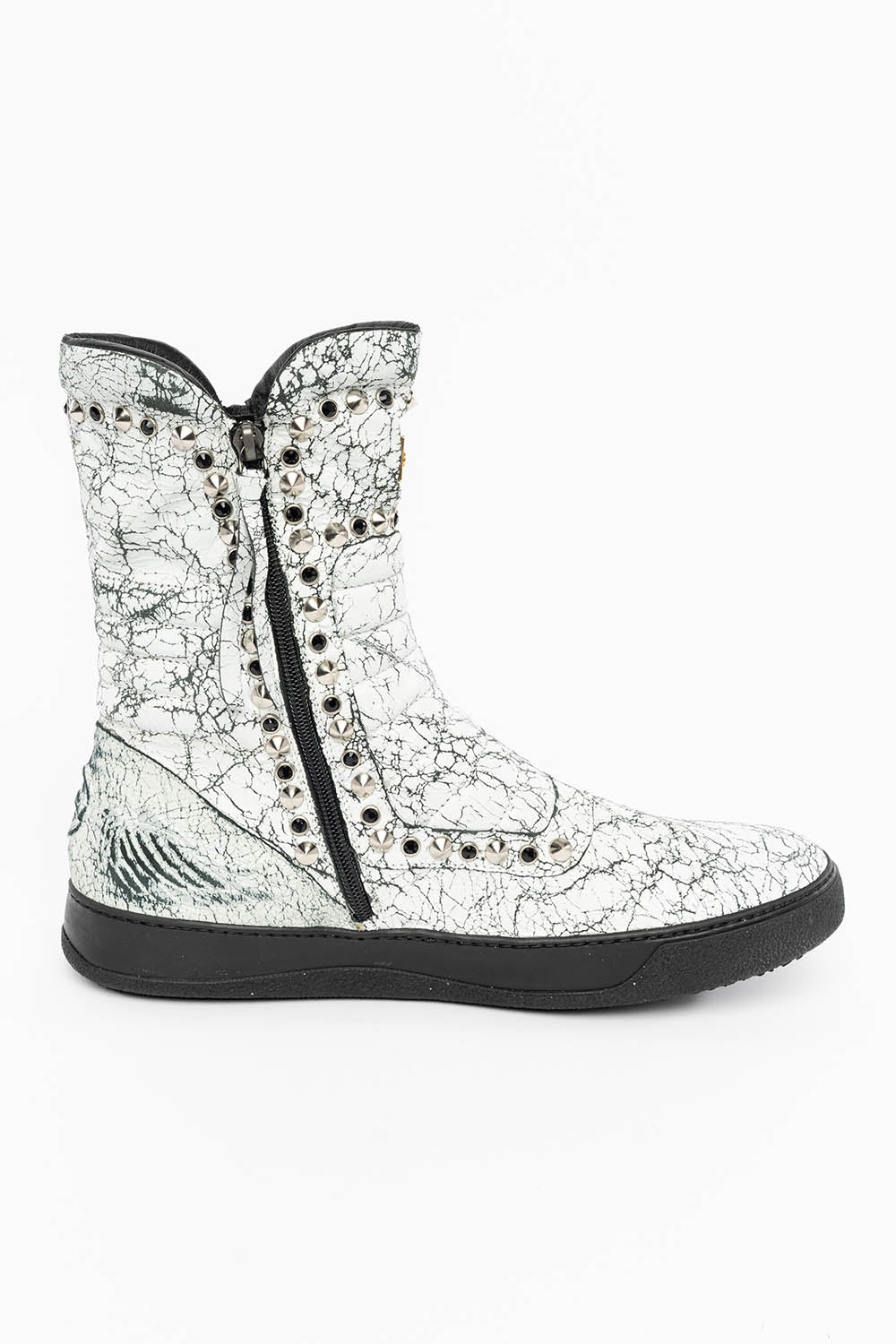 MENS HIGH TOP BIKER SHOES IN CRACKLED WHITE LEATHER WITH CRYSTALS AND SPIKE EMBELLISHMENT - Image 6