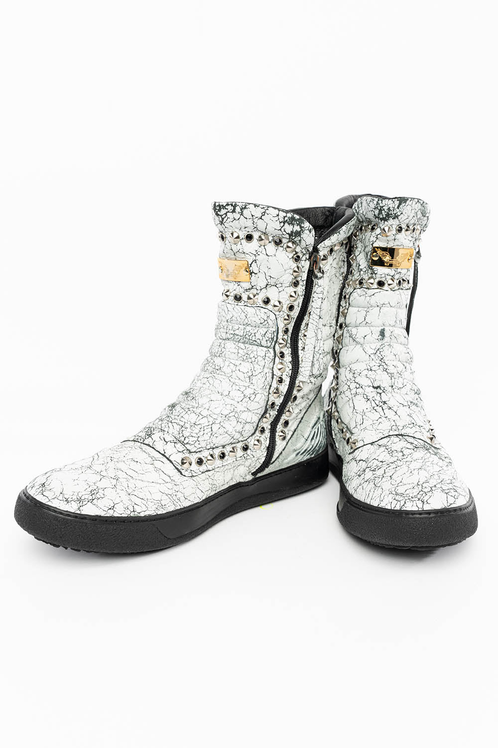 MENS HIGH TOP BIKER SHOES IN CRACKLED WHITE LEATHER WITH CRYSTALS AND SPIKE EMBELLISHMENT - Image 8