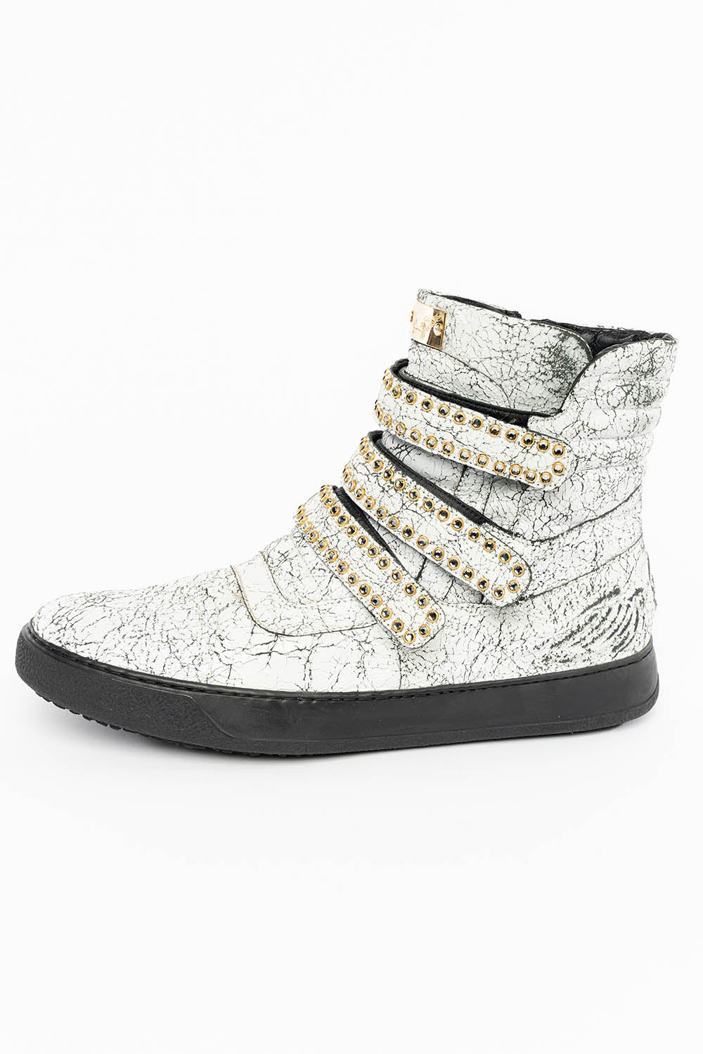 MENS HIGH TOP VELCRO SHOES IN CRACKLED WHITE LEATHER WITH CRYSTAL EMBELLISHMENT - Image 2
