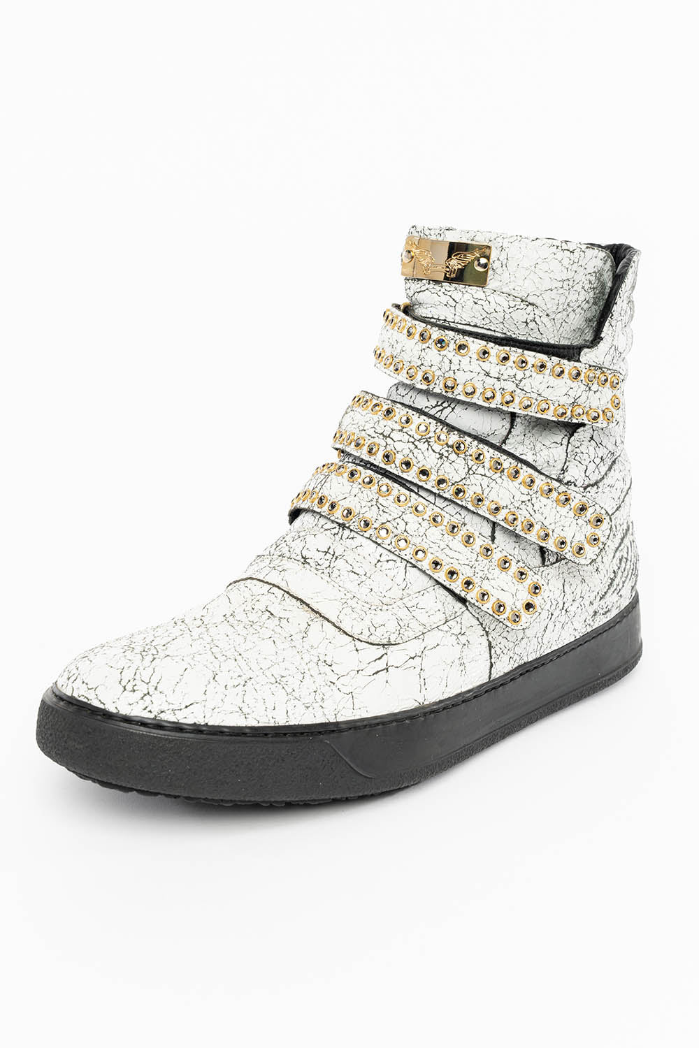 MENS HIGH TOP VELCRO SHOES IN CRACKLED WHITE LEATHER WITH CRYSTAL EMBELLISHMENT - Image 3