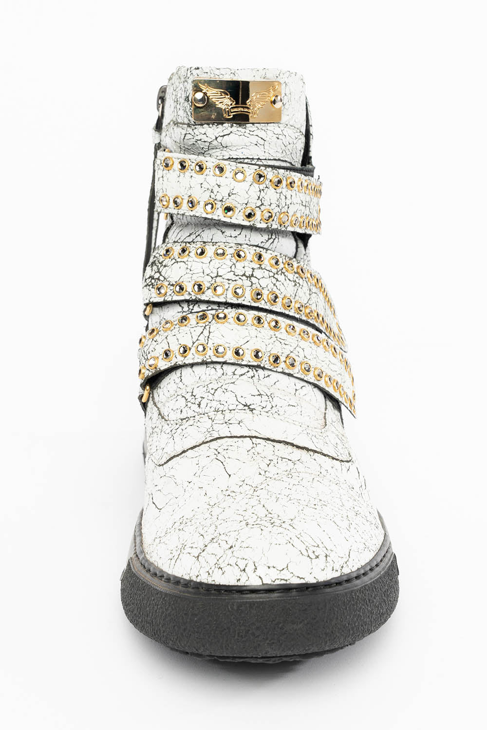 MENS HIGH TOP VELCRO SHOES IN CRACKLED WHITE LEATHER WITH CRYSTAL EMBELLISHMENT - Image 4