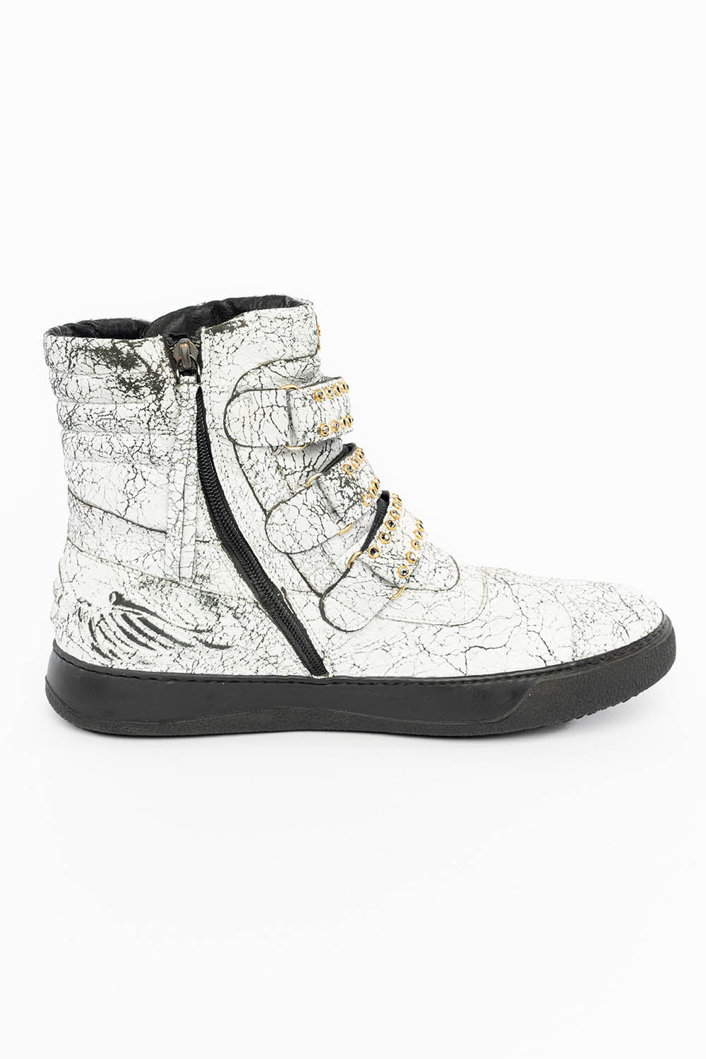 MENS HIGH TOP VELCRO SHOES IN CRACKLED WHITE LEATHER WITH CRYSTAL EMBELLISHMENT - Image 6