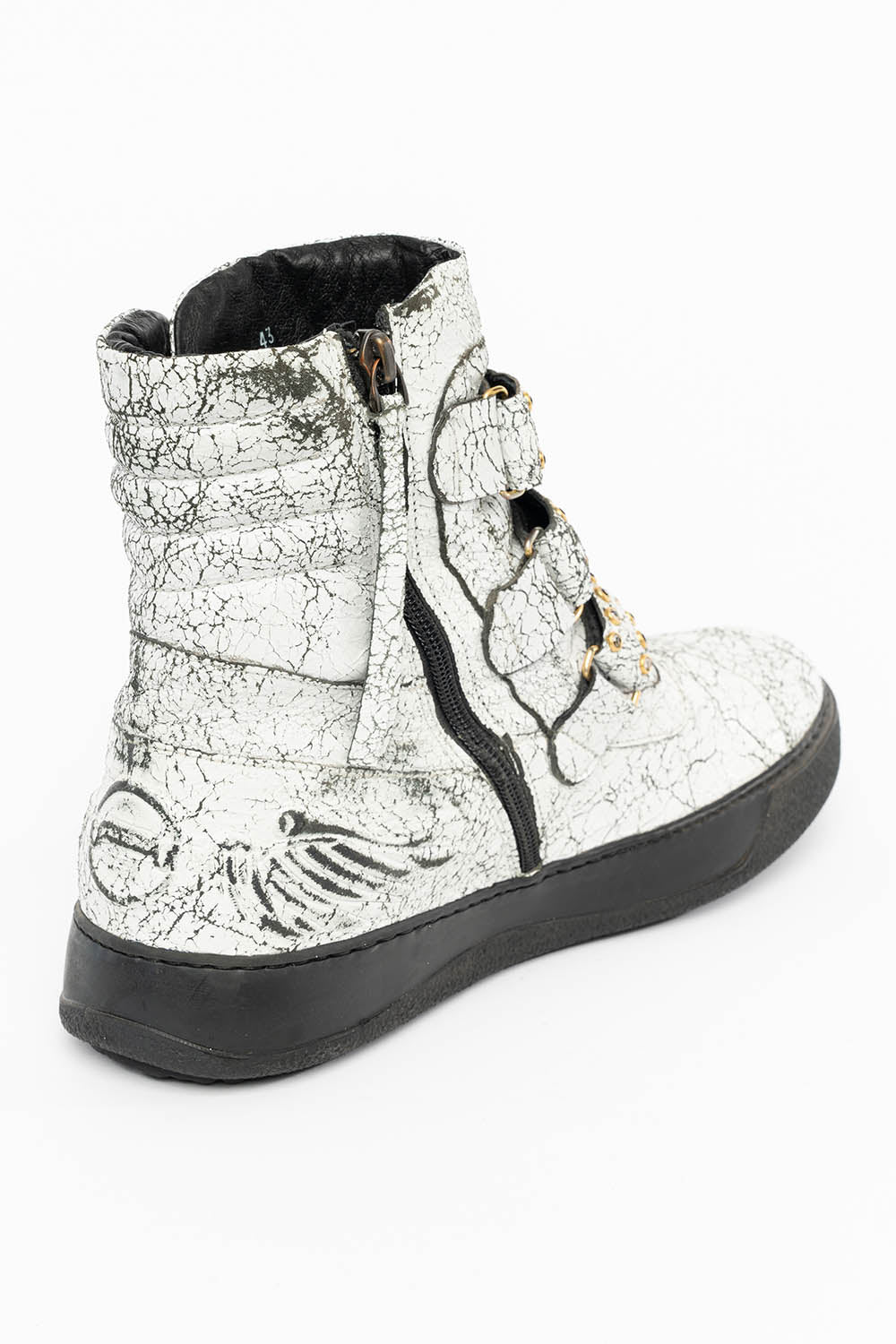 MENS HIGH TOP VELCRO SHOES IN CRACKLED WHITE LEATHER WITH CRYSTAL EMBELLISHMENT - Image 7