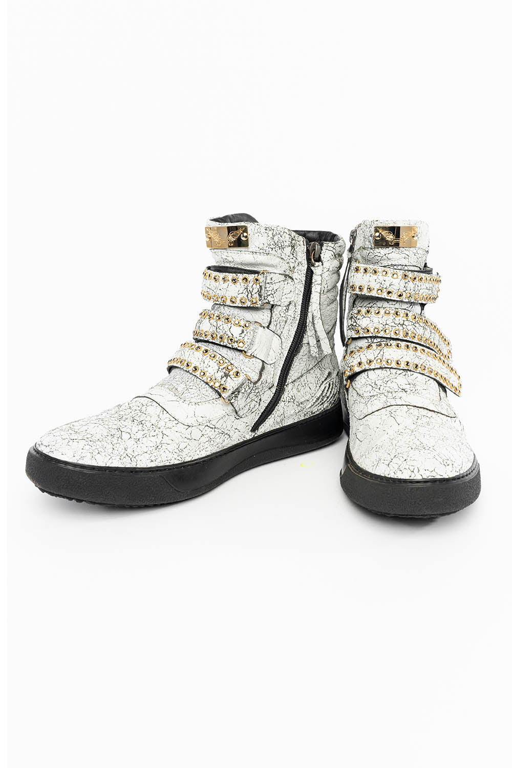 MENS HIGH TOP VELCRO SHOES IN CRACKLED WHITE LEATHER WITH CRYSTAL EMBELLISHMENT - Image 9