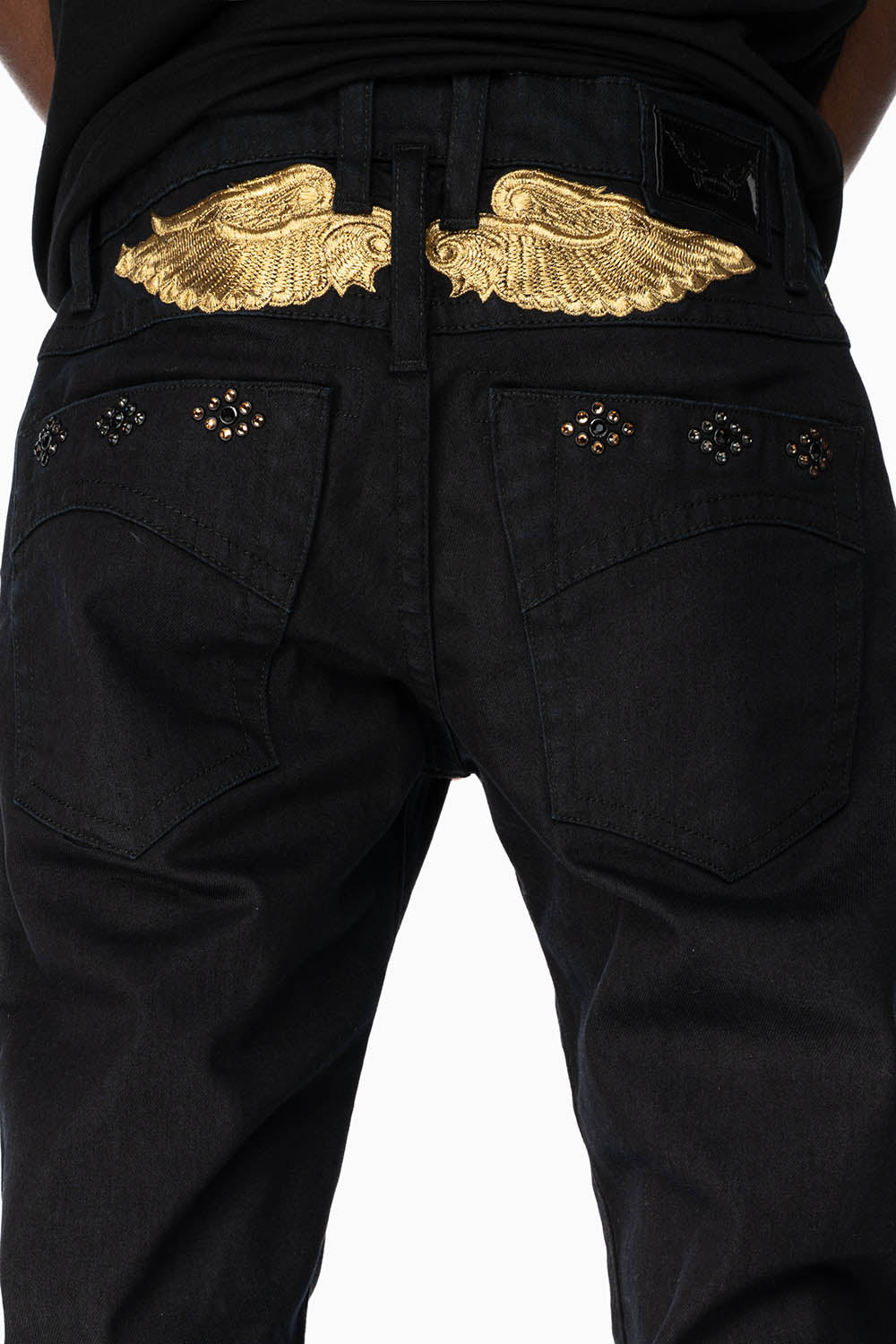 BIG MARLON 5 POCKET SLIM FIT MENS JEANS IN PURE BLACK WASH WITH GUNSLINGER CRYSTAL MOTIF - Image 5