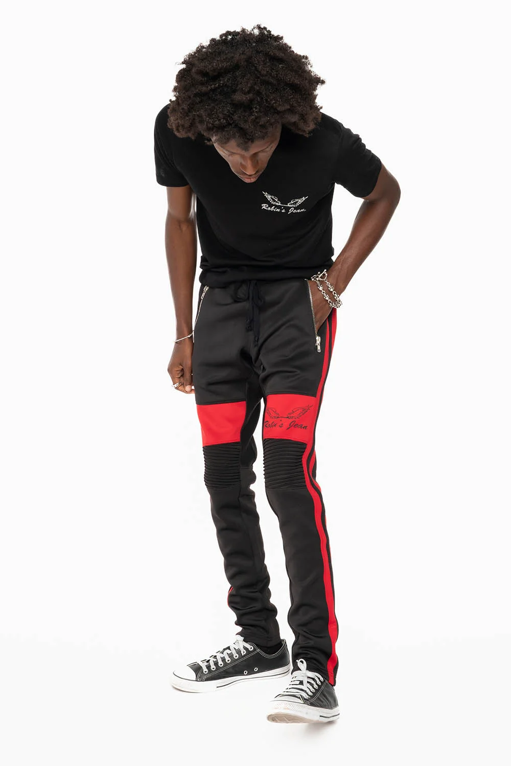 BIKER STYLE JOGGER IN BLACK WITH RED STRIPES - Image 3