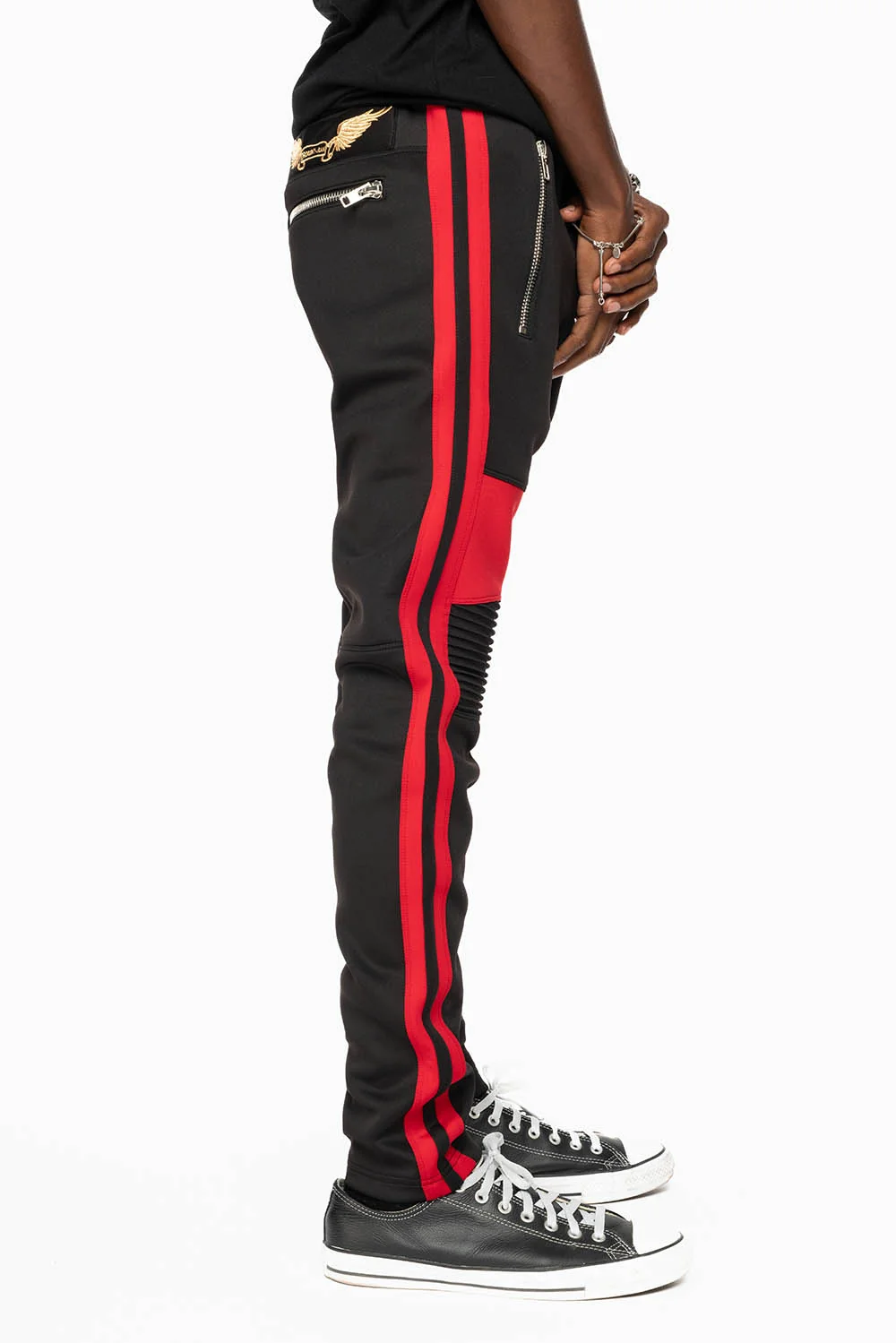 BIKER STYLE JOGGER IN BLACK WITH RED STRIPES - Image 5