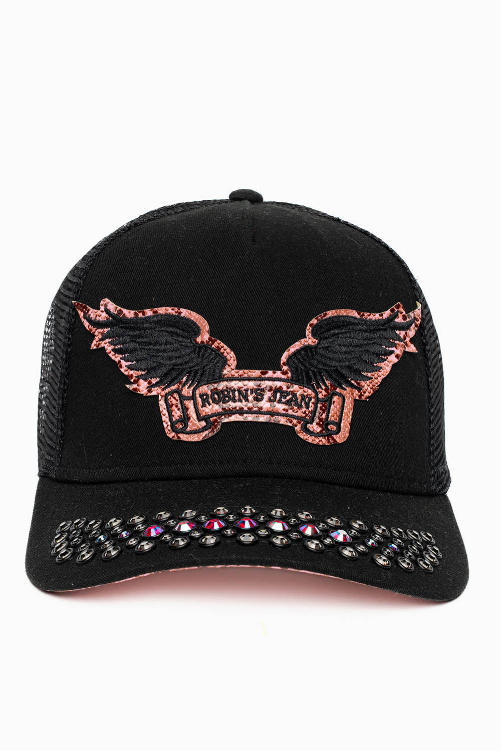 BLACK/SALMOM TRUCKER HAT WITH ROBIN’S SIGNATURE WING LOGO WITH RED AND BLK DIAMOND EMBELLISHMENT - Image 3