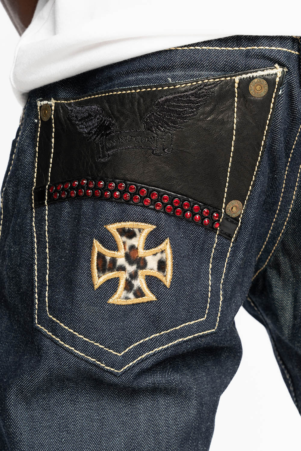 BONNEVILLE JEAN W/BLK LEATHER IN RAW DENIM WITH CROSS AND EMBELLISHED WITH RED CRYSTALS - Image 3