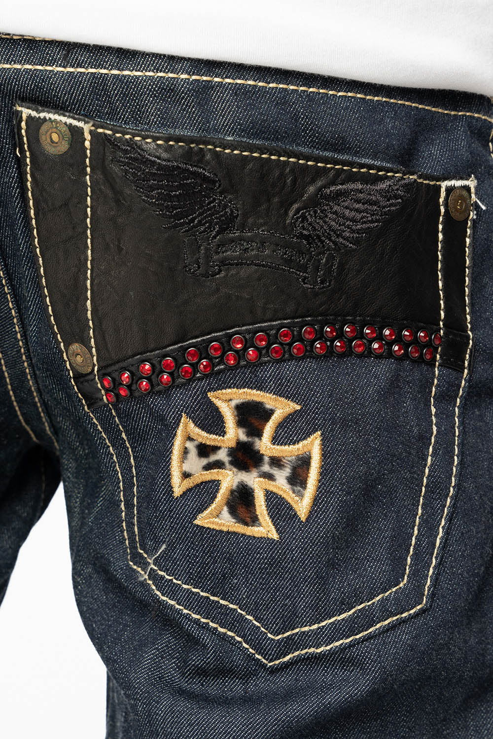 BONNEVILLE JEAN W/BLK LEATHER IN RAW DENIM WITH CROSS AND EMBELLISHED WITH RED CRYSTALS - Image 4