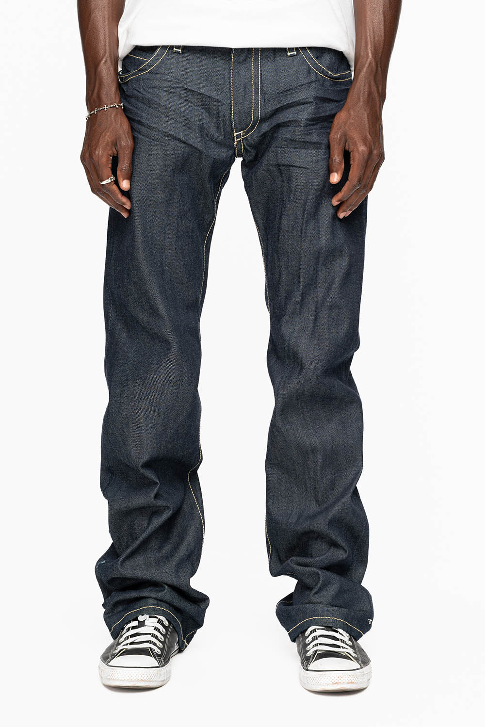 BONNEVILLE JEAN W/BLK LEATHER IN RAW DENIM WITH CROSS AND EMBELLISHED WITH RED CRYSTALS - Image 5