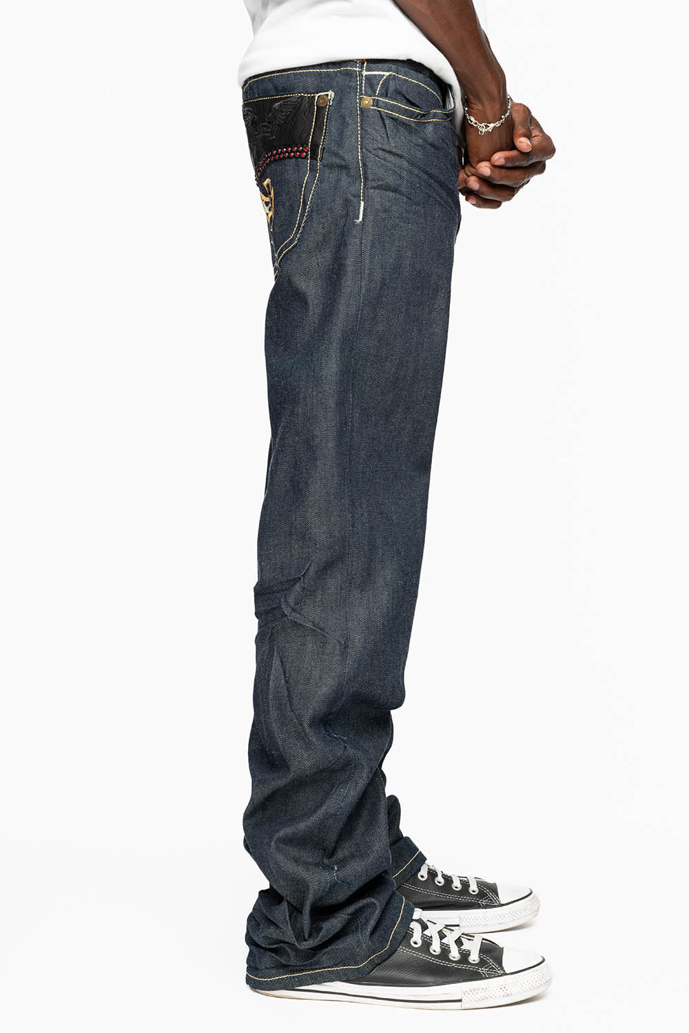 BONNEVILLE JEAN W/BLK LEATHER IN RAW DENIM WITH CROSS AND EMBELLISHED WITH RED CRYSTALS - Image 6