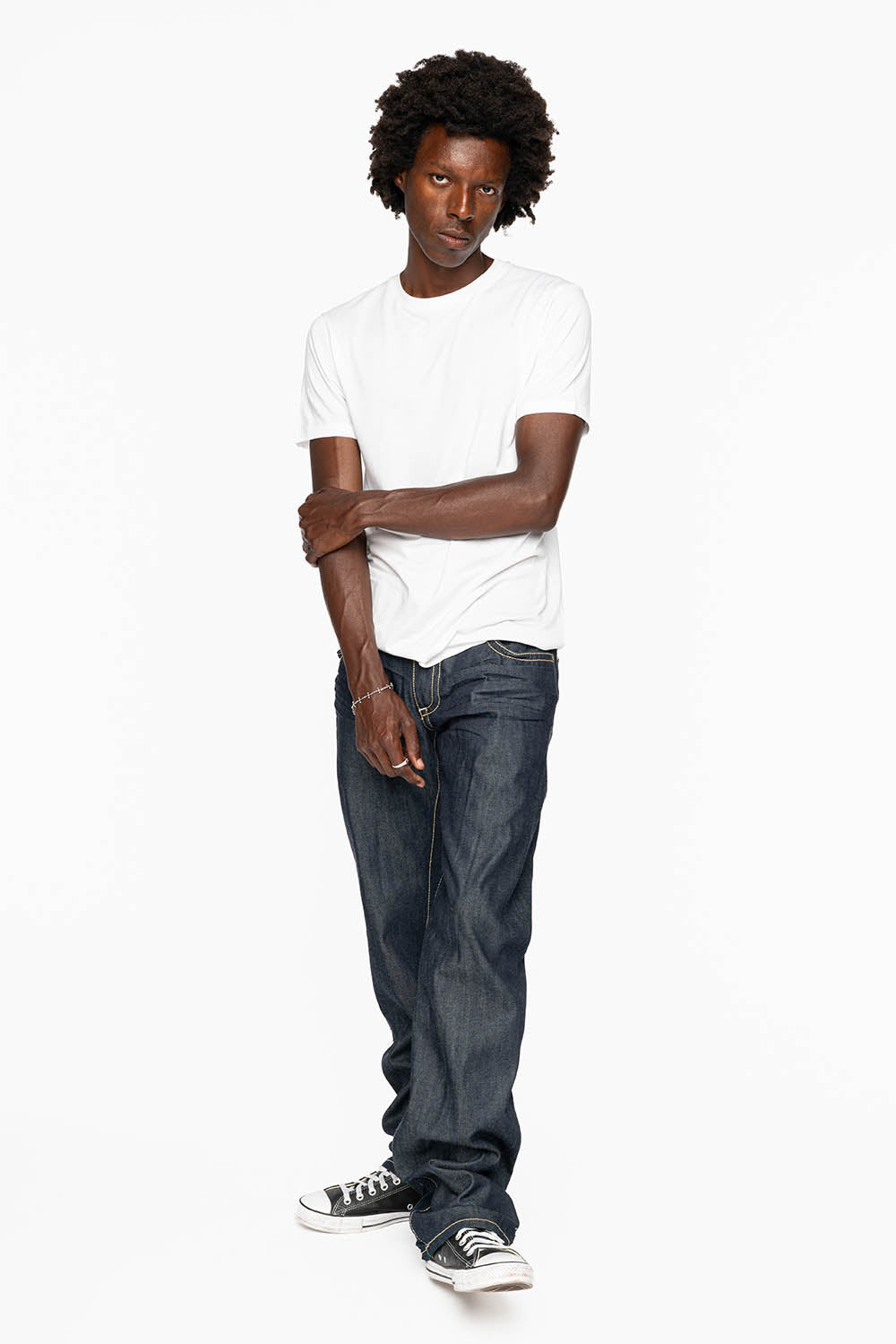 BONNEVILLE JEAN W/BLK LEATHER IN RAW DENIM WITH CROSS AND EMBELLISHED WITH RED CRYSTALS - Image 7