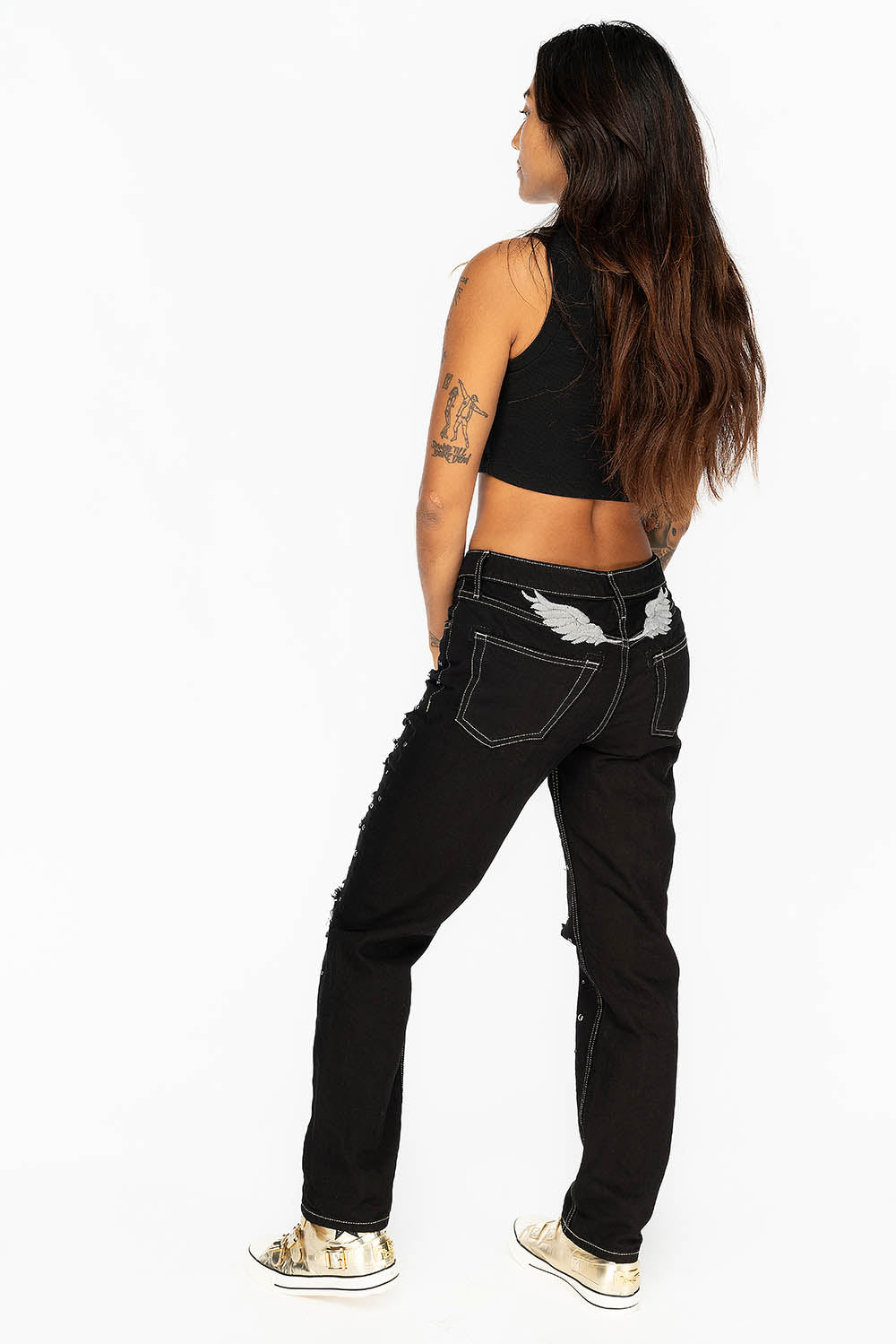 BOYFRIEND JEANS IN PURE BLACK WITH BLACK AND SILVER STUDS & CRYSTALS - Image 7