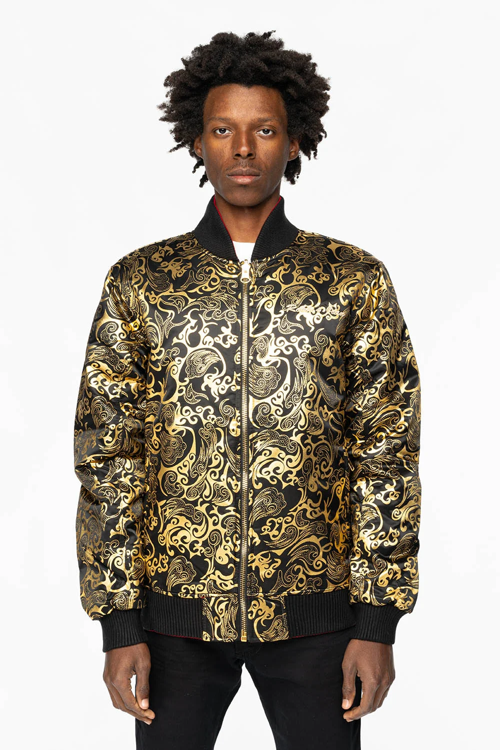 ROBIN’S REVERSIBLE VARSITY BOMBER JACKET IN BLACK/GOLD - Image 2