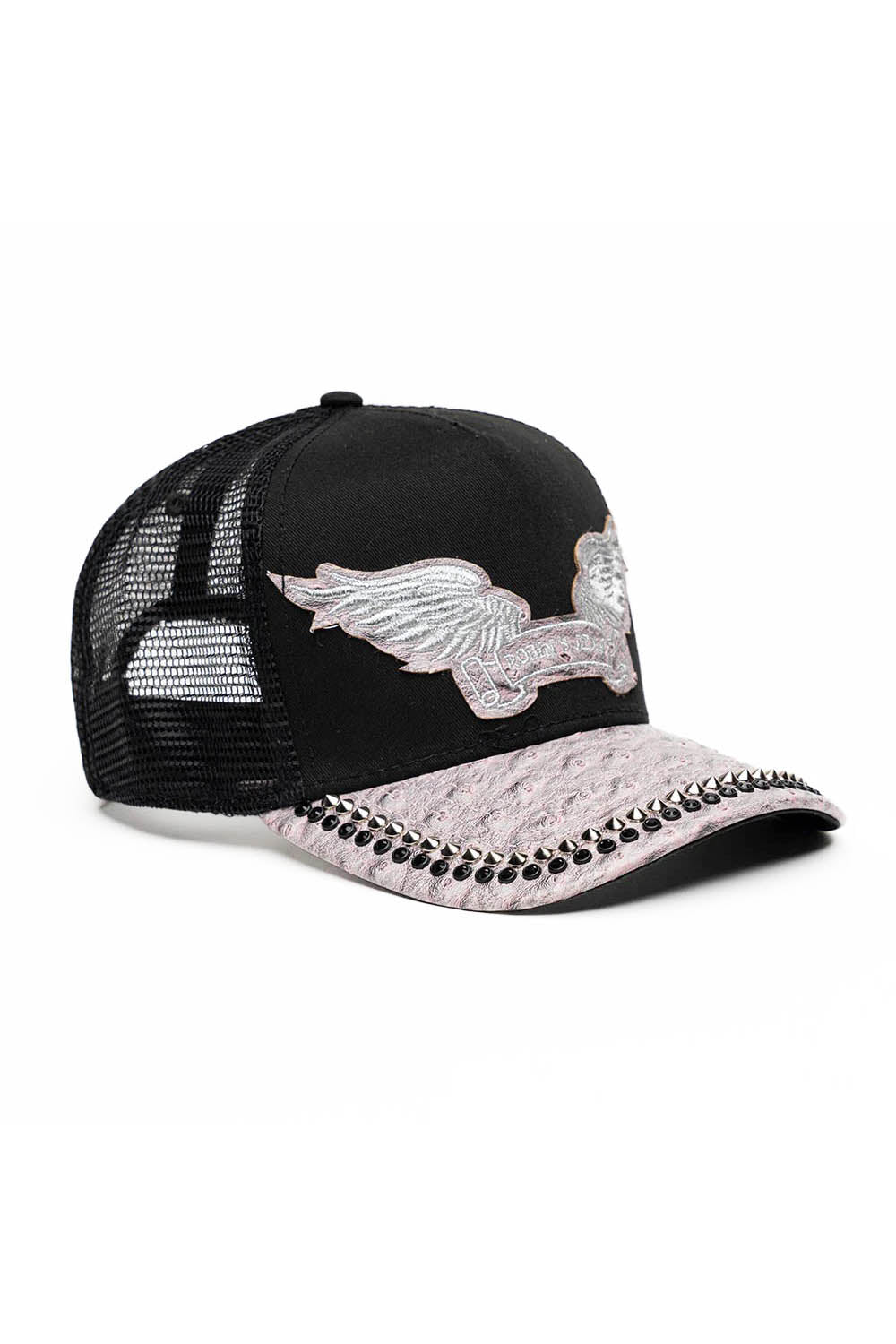 BLK/GREY OSTRICH TRUCKER HAT WITH SILVER SPIKE/BLK CRYSTAL EMBELLISHMENT - Image 3