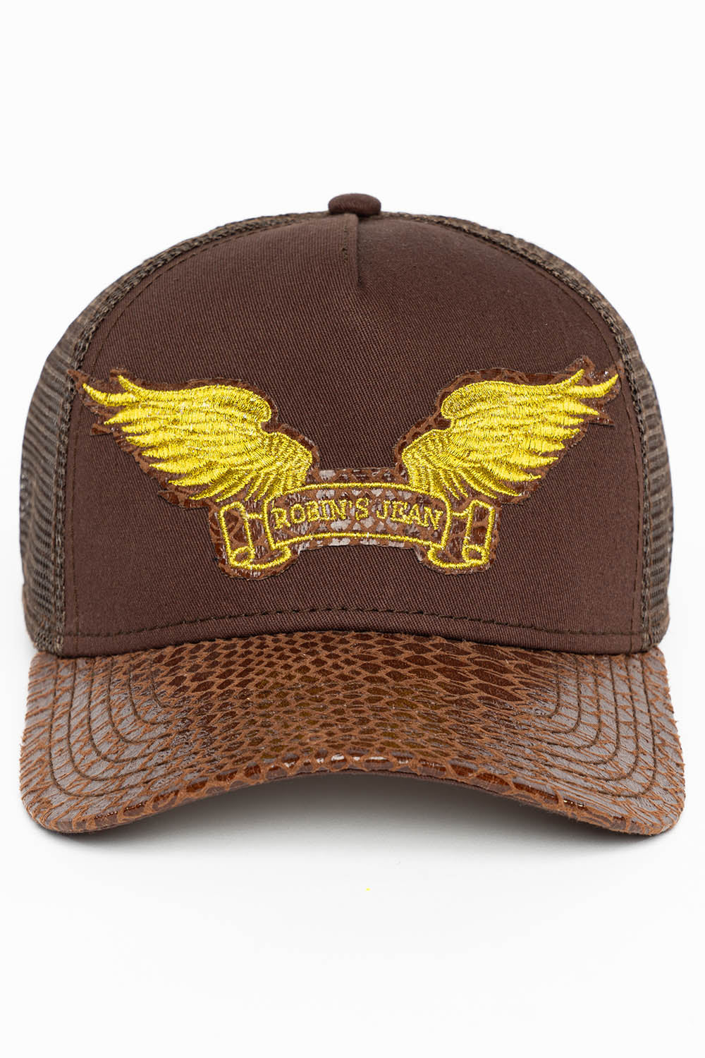BROWN PYTHON TRUCKER HAT WITH ROBIN’S SIGNATURE WING LOGO IN GOLD EMBROIDERY
