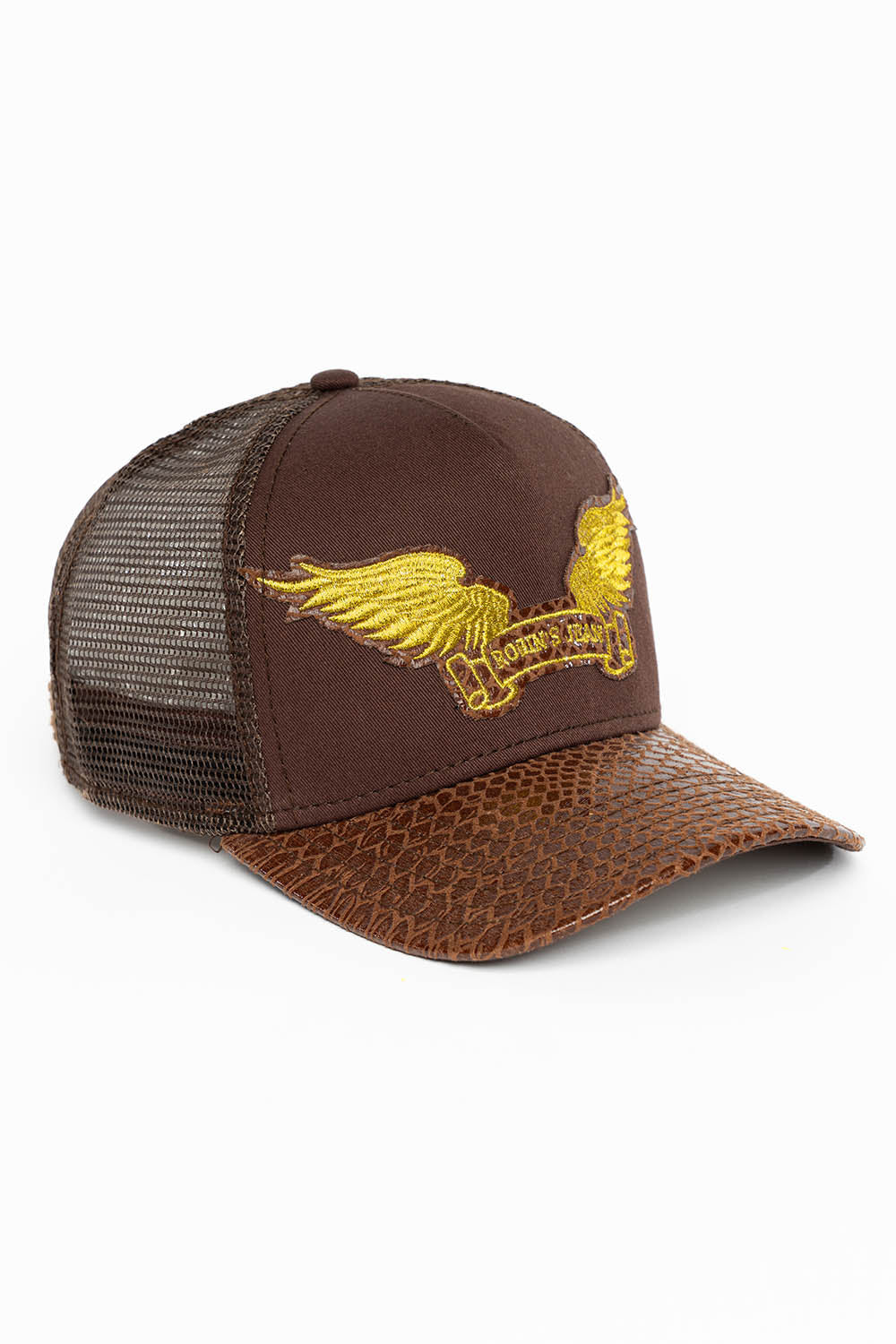 BROWN PYTHON TRUCKER HAT WITH ROBIN’S SIGNATURE WING LOGO IN GOLD EMBROIDERY - Image 2