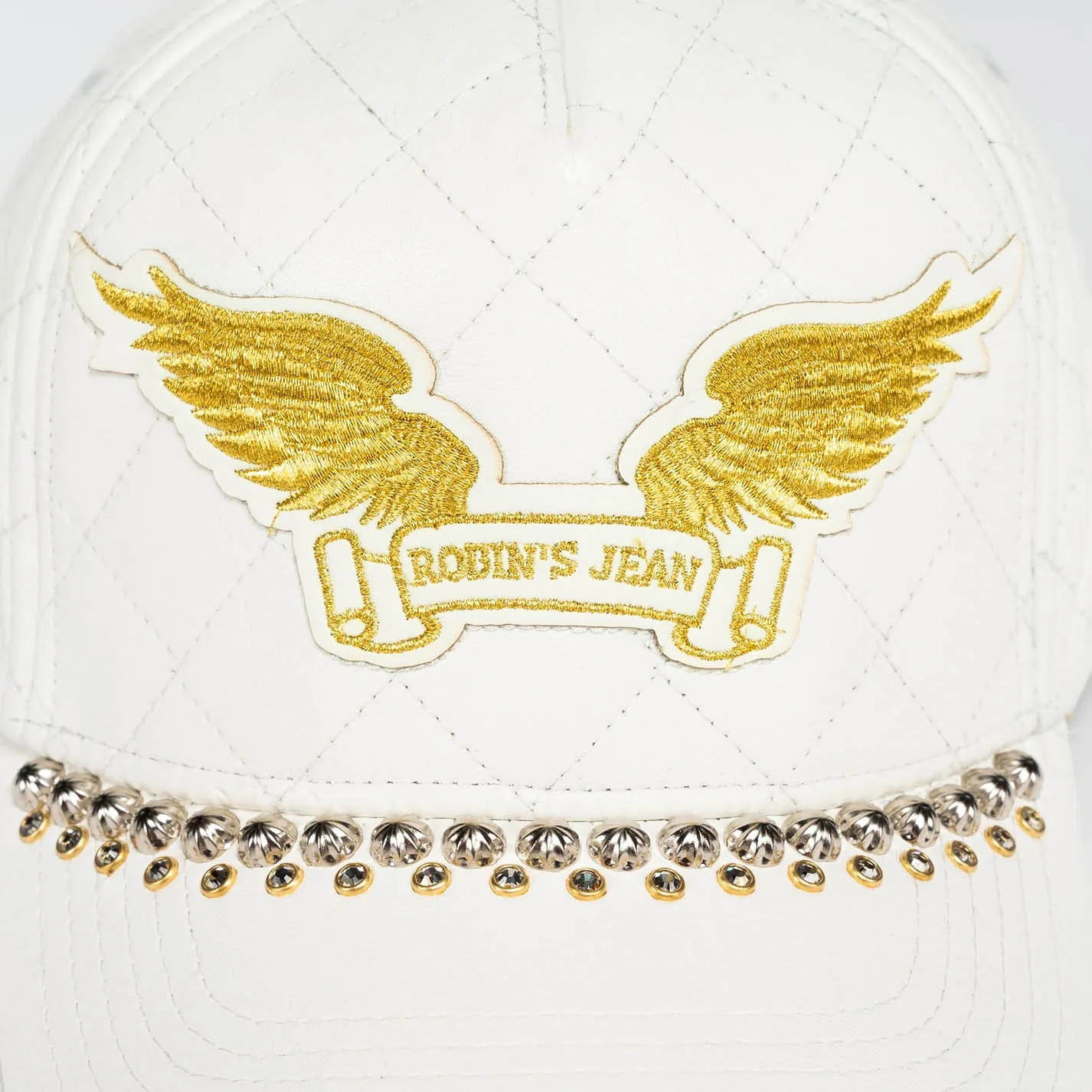ROBINS LEATHER QUILTED CAP WITH GOLD WINGS STUDS AND CRYSTALS IN WHITE - Image 2