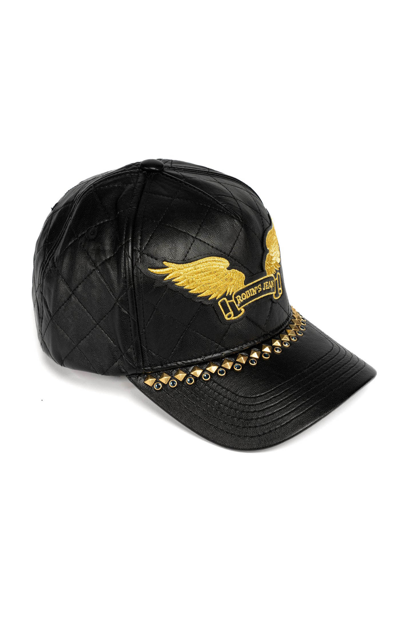 ROBINS LEATHER QUILTED CAP WITH GOLD WINGS STUDS AND CRYSTALS IN BLACK - Image 2