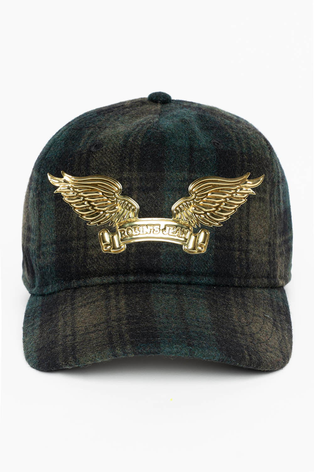 PLAID CAP IN GREEN WITH GOLD EMBOSSED ROBIN’S SIGNATURE WING