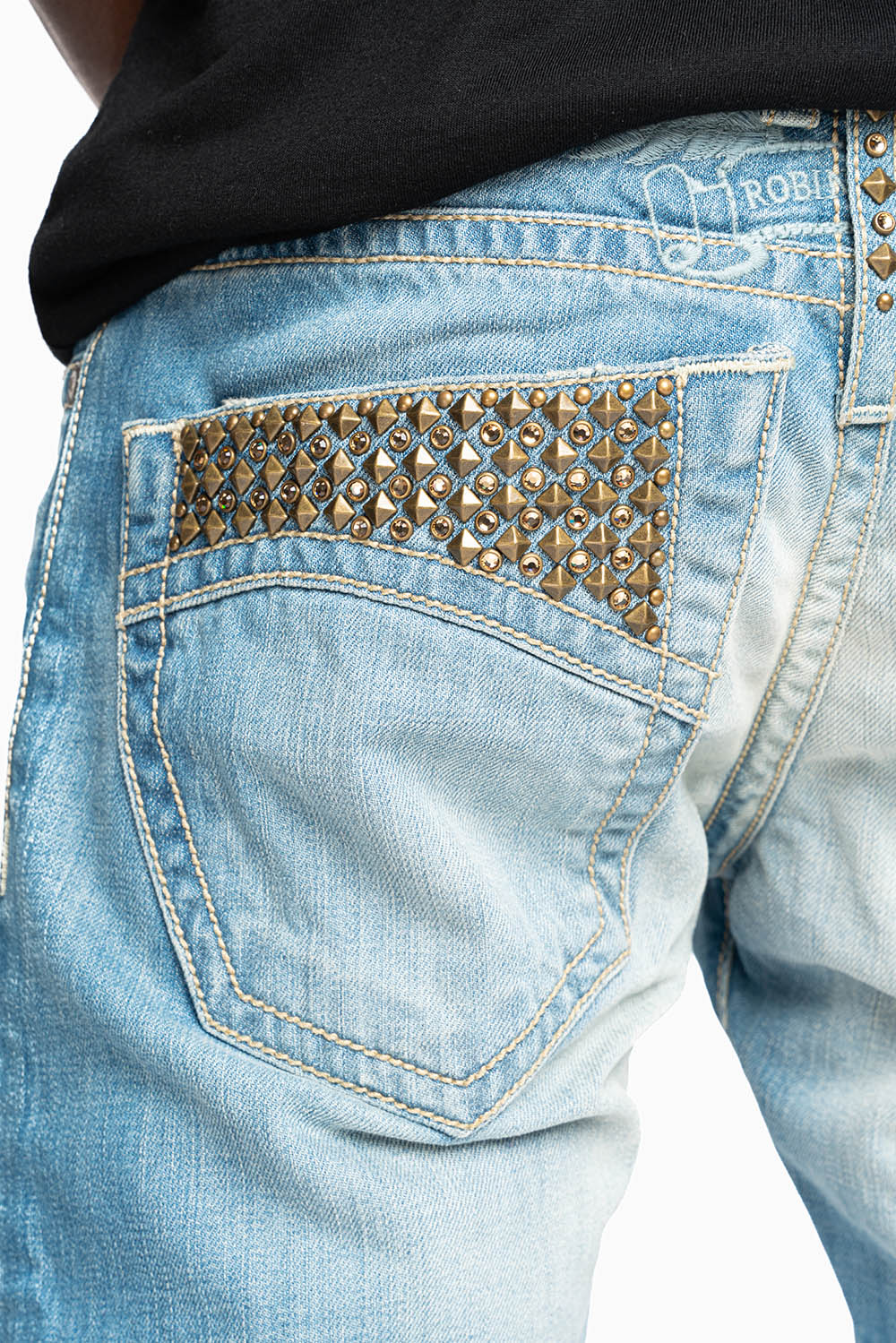 CLASSIC 5 POCKET SLIM LEG JEANS IN 3D LIGHT WASH EMBELLISHED POCKETS WITH CRYSTALS & STUDS - Image 2