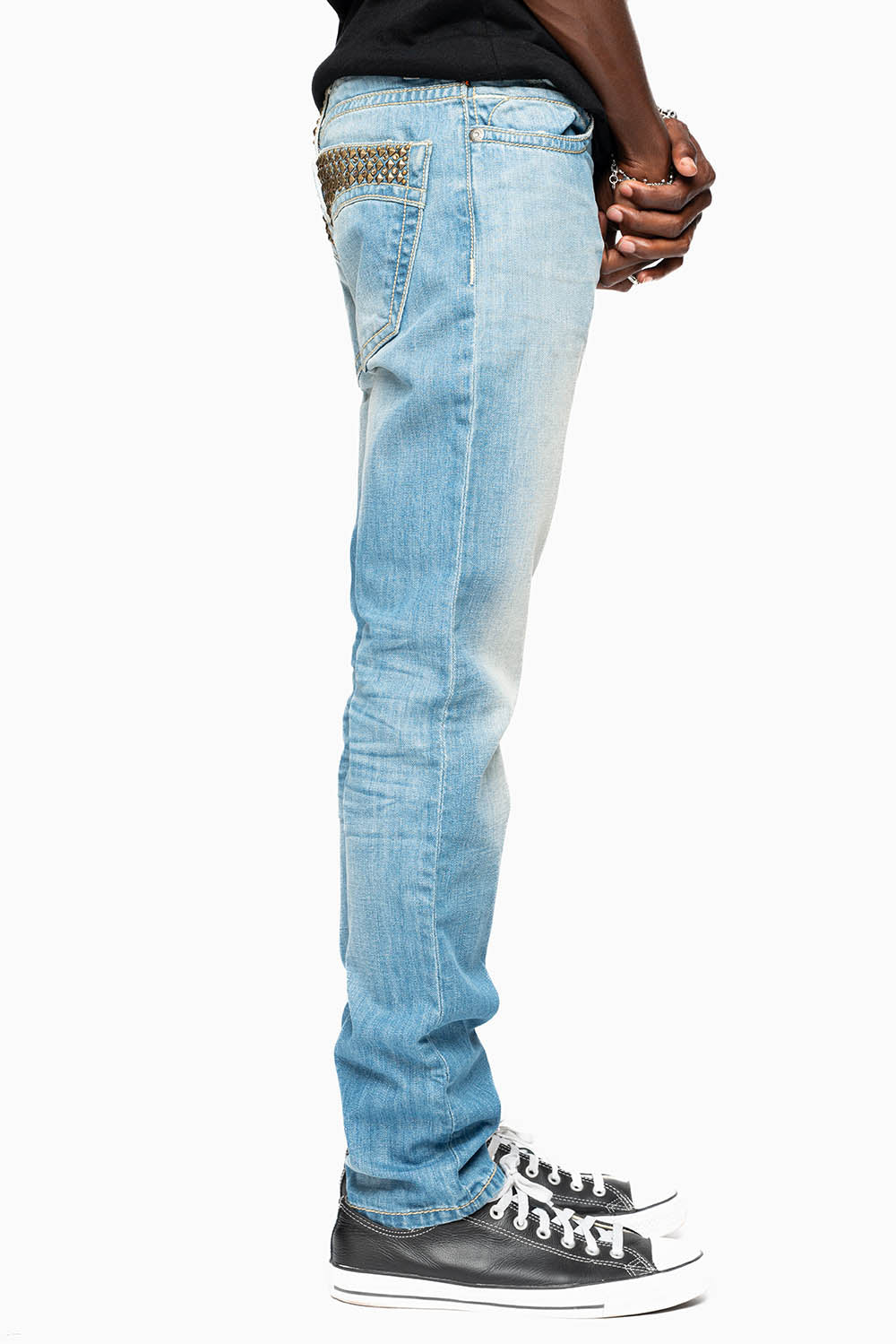 CLASSIC 5 POCKET SLIM LEG JEANS IN 3D LIGHT WASH EMBELLISHED POCKETS WITH CRYSTALS & STUDS - Image 4