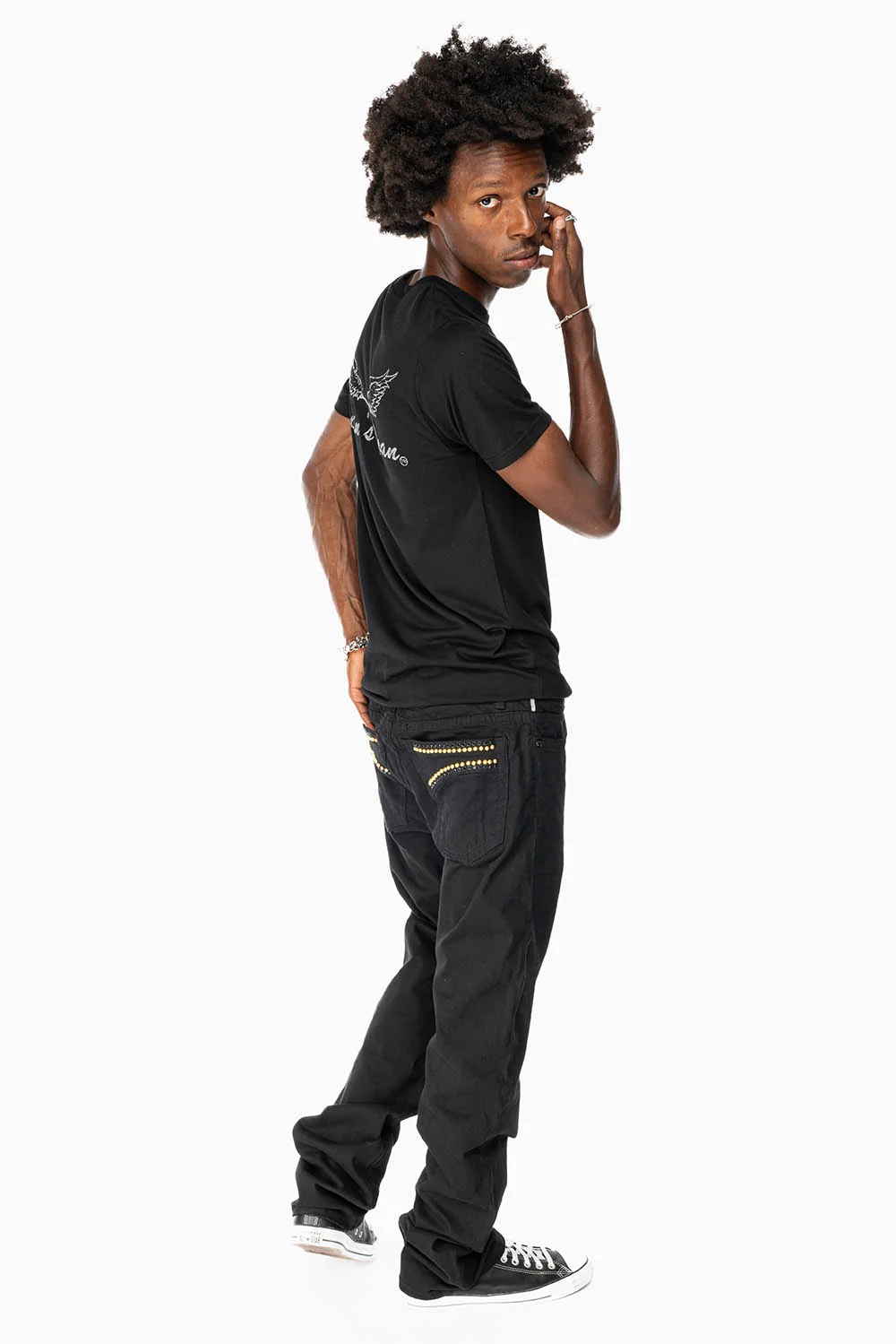 CLASSIC STRAIGHT LEG JEANS IN BLACK WASH EMBELLISHED WITH STUDS & CRYSTALS - Image 4