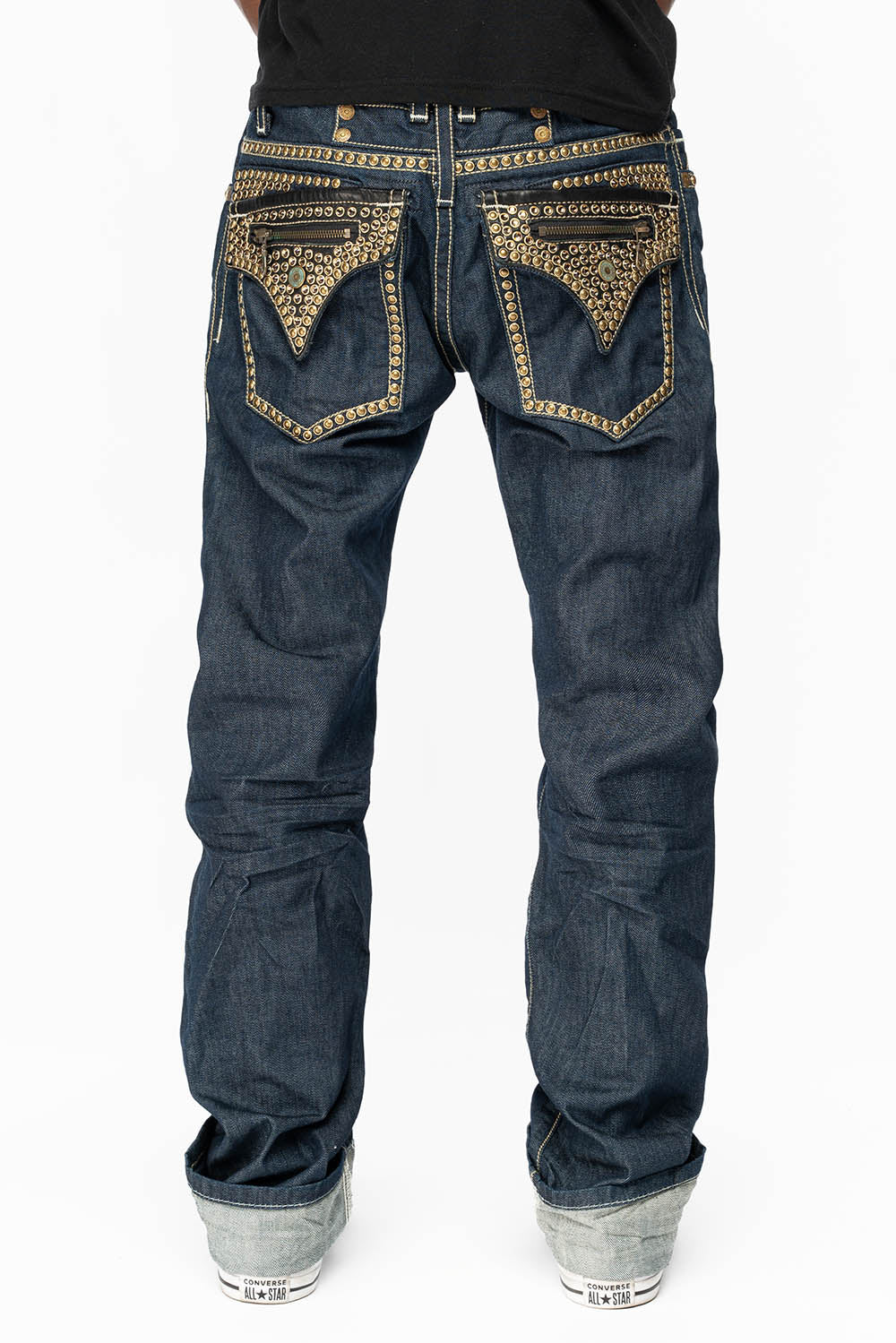 CLINT W/BLACK LEATHER ZIPPER FLAPS EMBELLISHED WITH CRYSTALS AND NAILHEADS IN RINSE WASH
