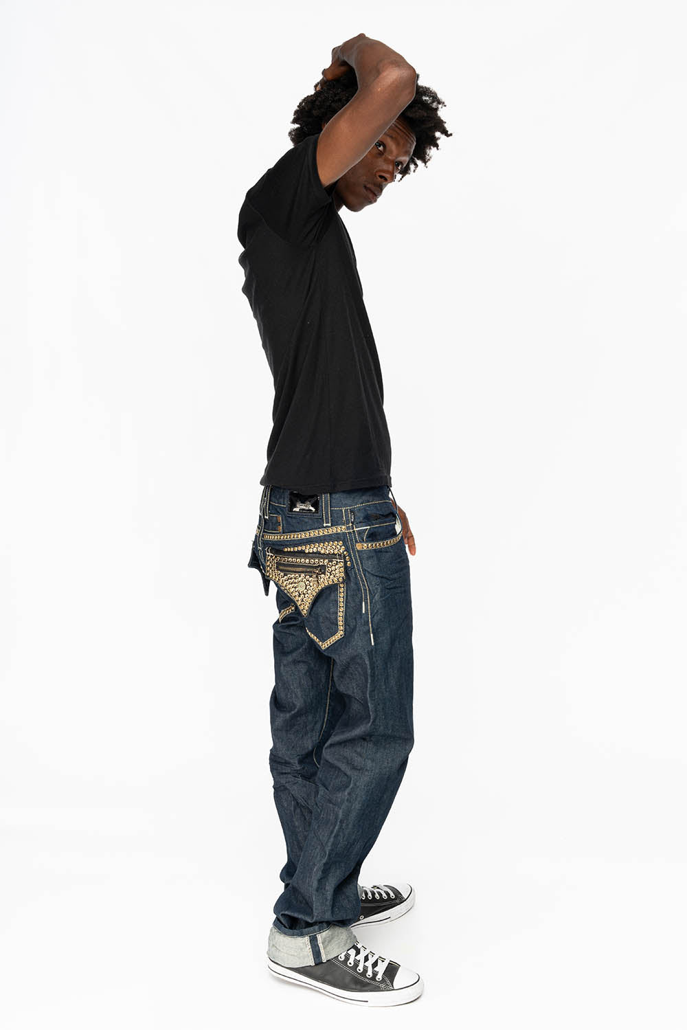 CLINT W/BLACK LEATHER ZIPPER FLAPS EMBELLISHED WITH CRYSTALS AND NAILHEADS IN RINSE WASH - Image 2