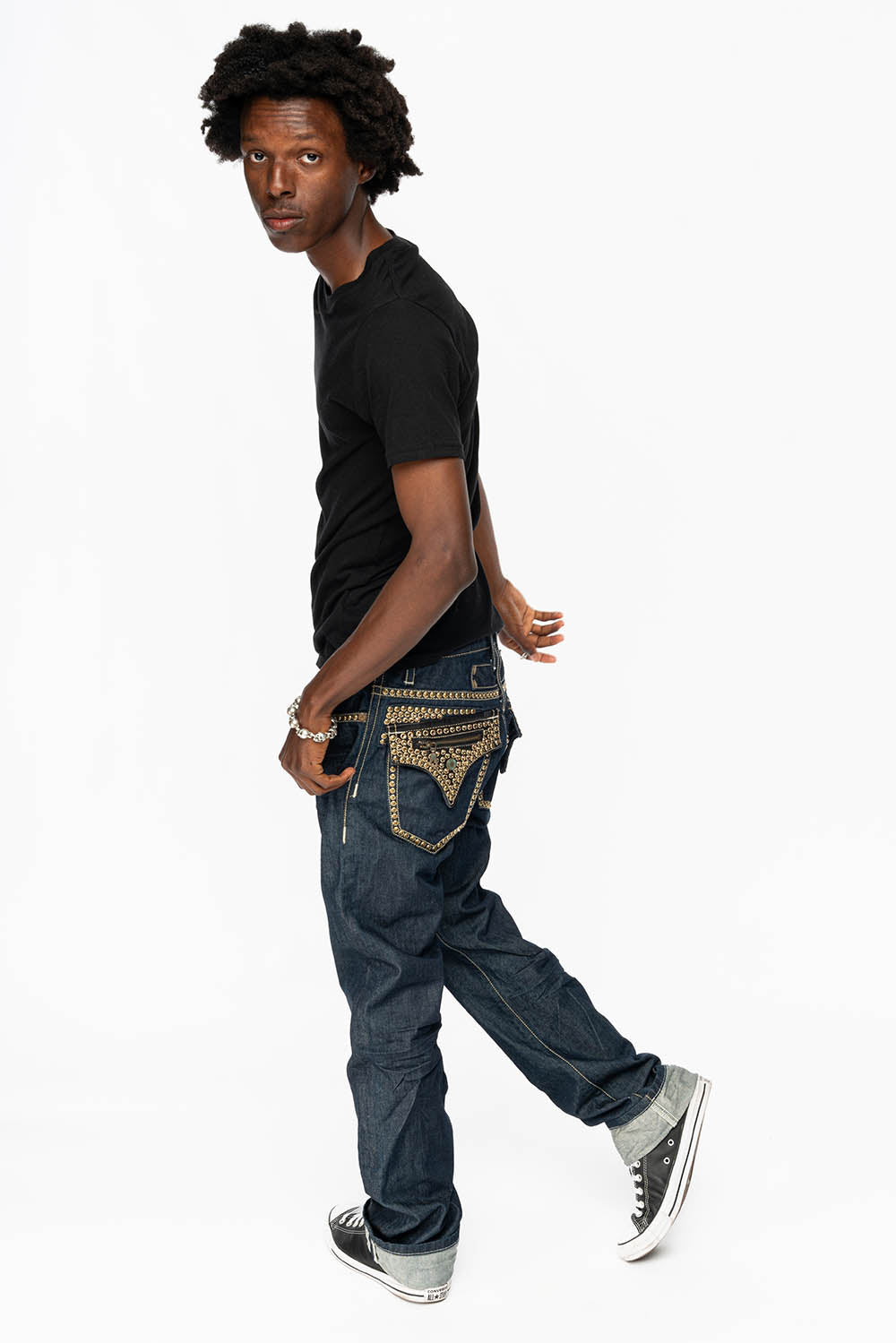 CLINT W/BLACK LEATHER ZIPPER FLAPS EMBELLISHED WITH CRYSTALS AND NAILHEADS IN RINSE WASH - Image 8