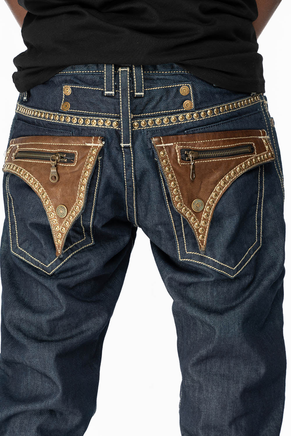 CLINT W/BROWN LEATHER ZIPPER FLAPS IN RINSE WASH WITH ANTIQUE BRASS EMBELLISHMENT - Image 2