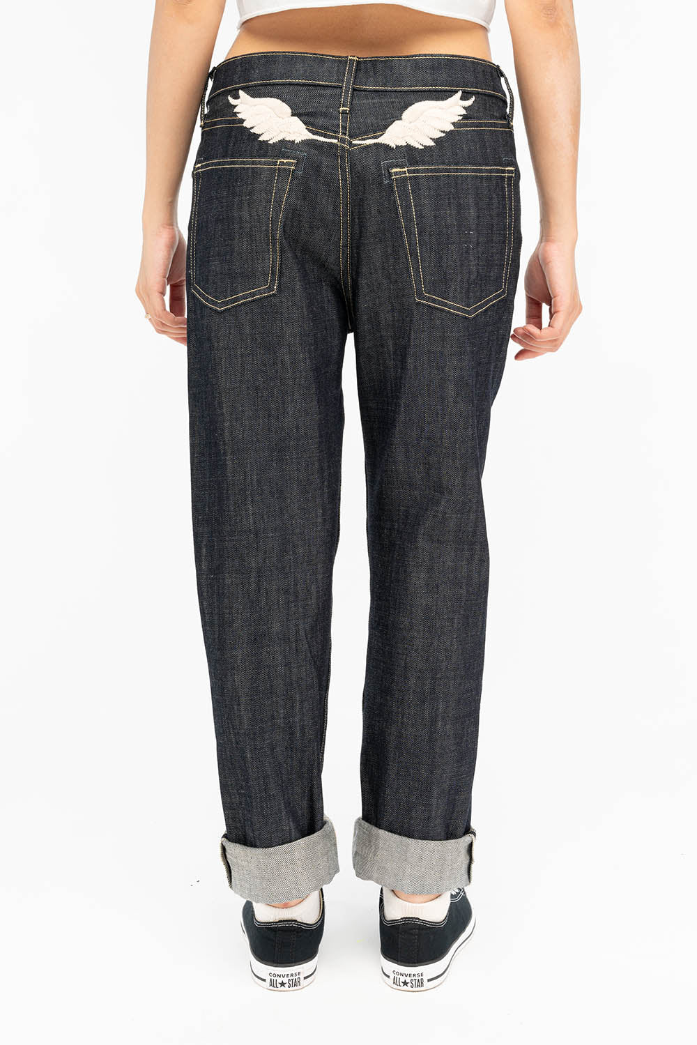 WOMENS BOYFRIEND STYLE JEANS RELAXED FIT WITH JET BLACK CRYSTALS IN RAW - Image 4