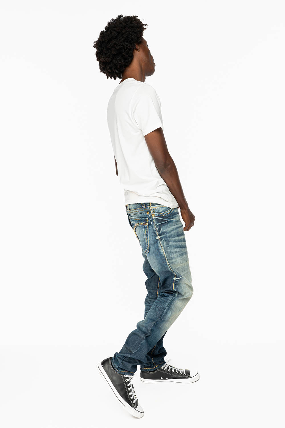 MENS LONG FLAP SLIM JEANS IN BLUE ALBANY DARK WASH WITH CLEAR CRYSTALS - Image 7