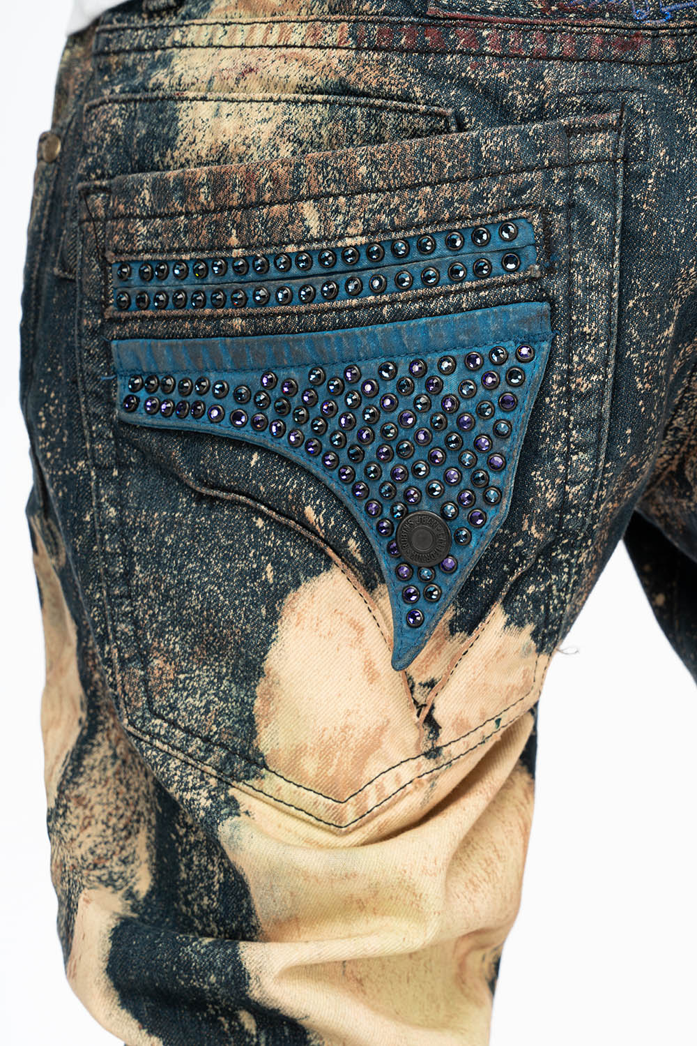 MENS FLAP POCKET SKINNY JEANS IN GRAFFITI WASH WITH CRYSTALS - Image 5